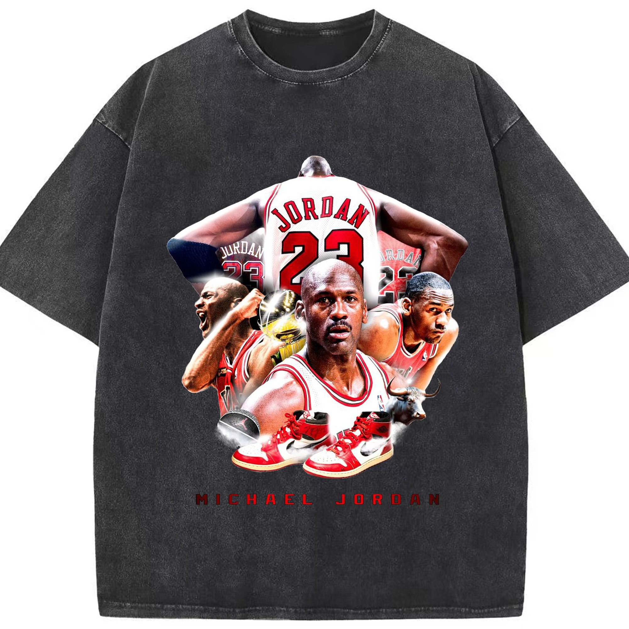 Michael Jordan Retro GOAT Tribute Shirt with Air Jordan 1 - Washed Vintage Look 230g Cotton Oversized T-Shirt With Front Heat Transfer Print – Soft, Lightweight, Stylish Fit – Comfortable Casual Wear For Sports & Everyday Use