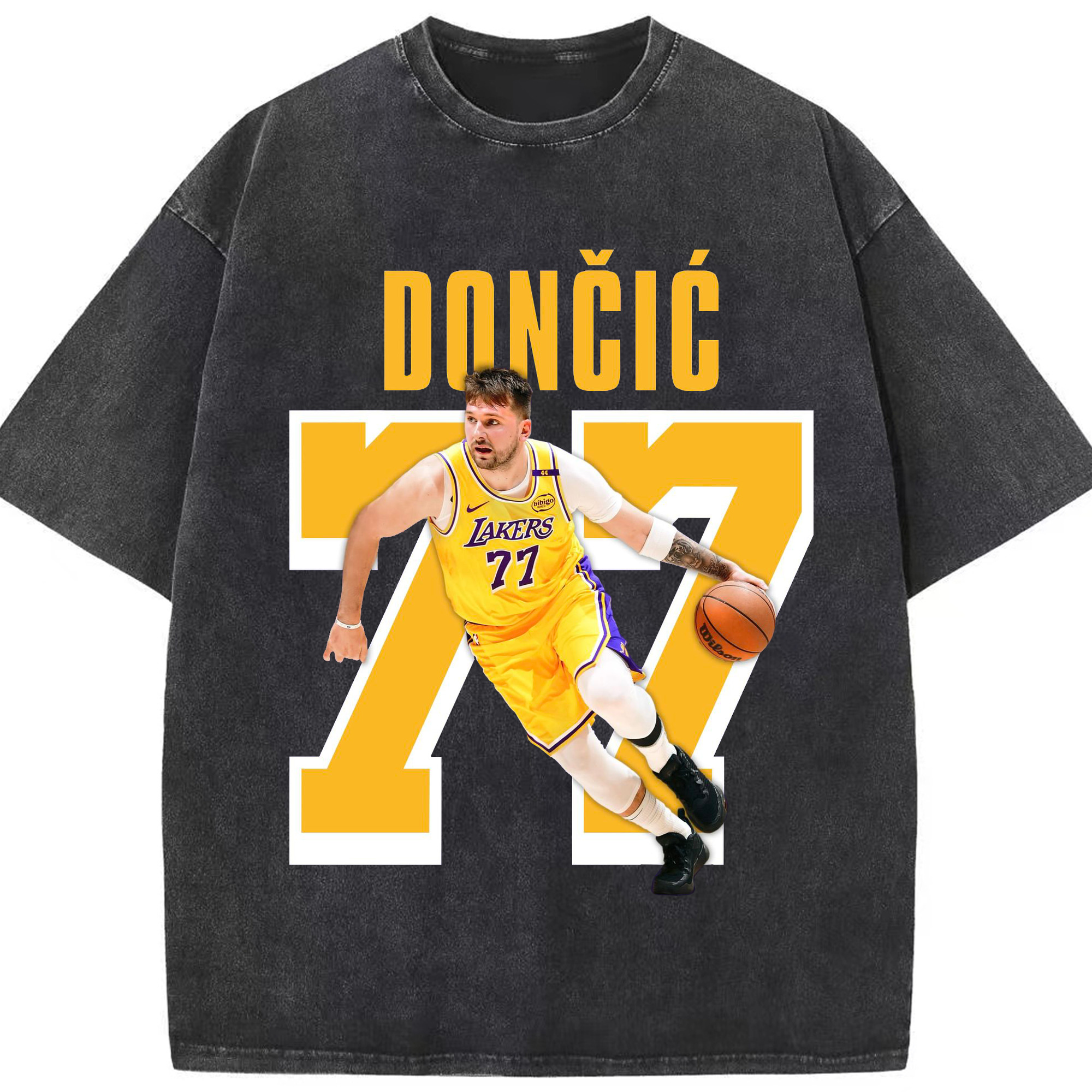 Luka Dončić #77 Lakers Shirt - Washed Vintage Look 230g Cotton Oversized T-Shirt With Front Heat Transfer Print – Soft, Lightweight, Stylish Fit – Comfortable Casual Wear For Sports & Everyday Use