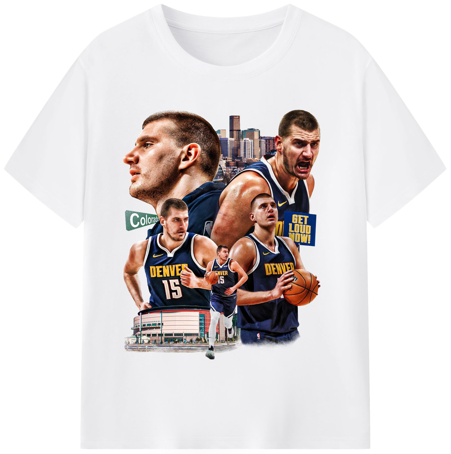 Nikola Jokić  Downtown Denver Backdrop  Energy Shirt - 180g Cotton T-Shirt With Front Heat Transfer Print – Soft, Lightweight, Fitted Design – Comfortable Casual Wear For Sports & Everyday Use