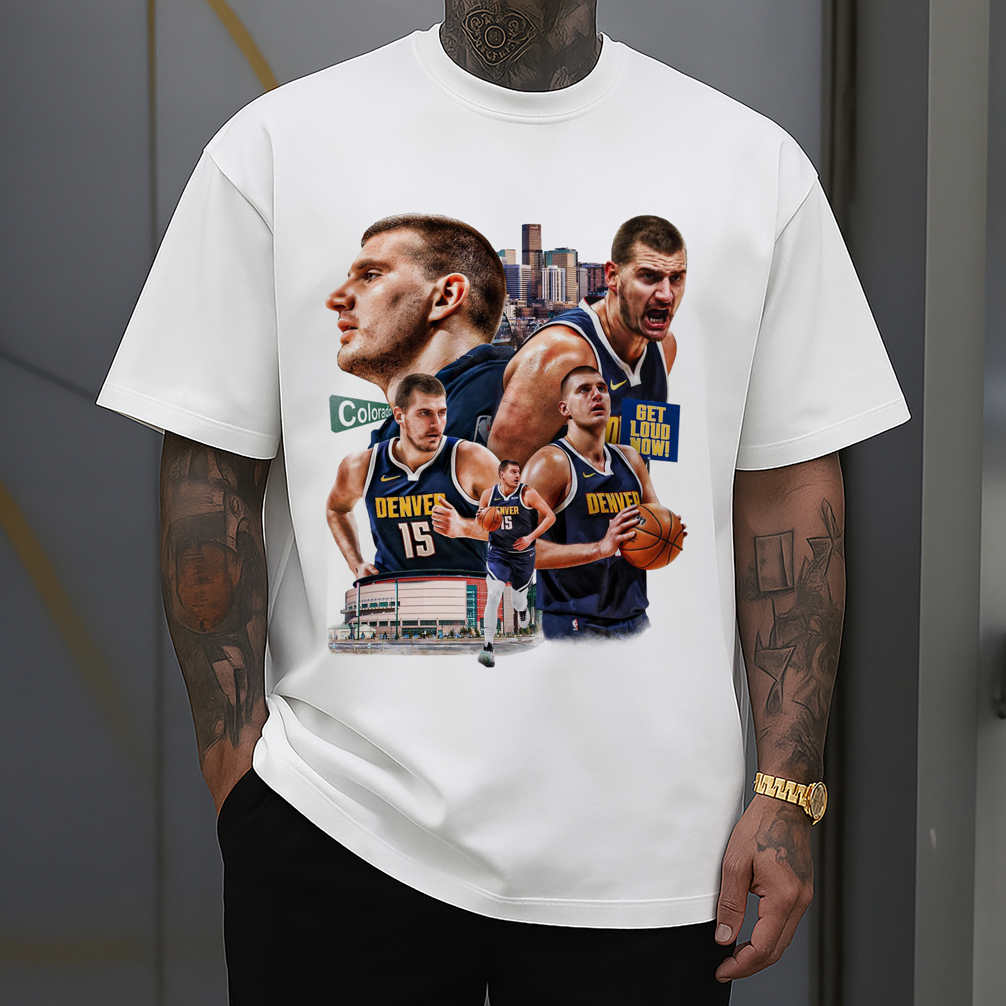 Nikola Jokić  Downtown Denver Backdrop  Energy Shirt
