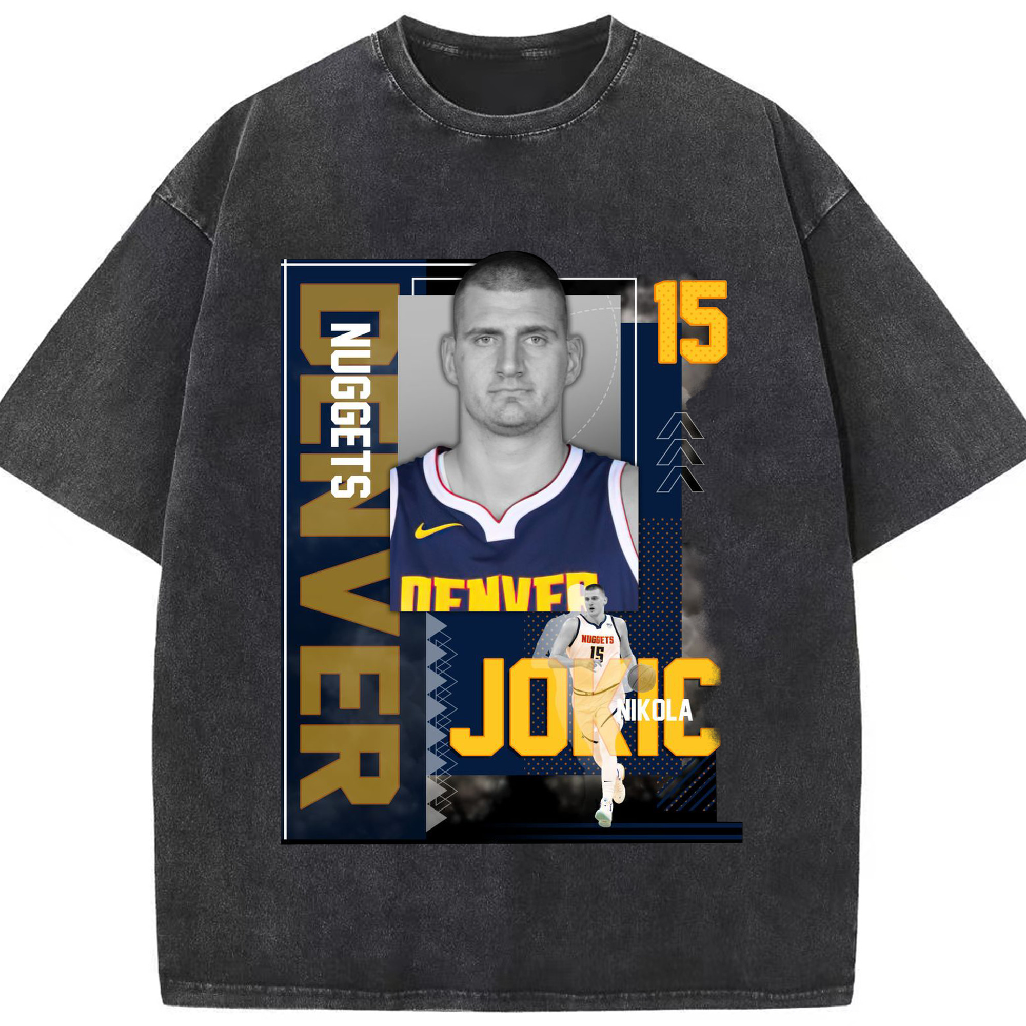 Nikola Jokić Vintage Card Style Basketball Graphic Shirt - Washed Vintage Look 230g Cotton Oversized T-Shirt With Front Heat Transfer Print – Soft, Lightweight, Stylish Fit – Comfortable Casual Wear For Sports & Everyday Use