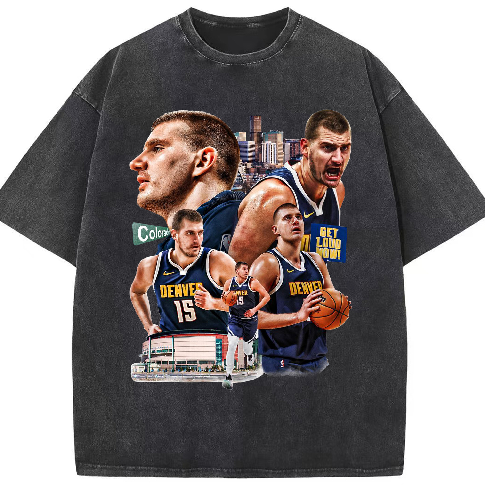 Nikola Jokić  Downtown Denver Backdrop  Energy Shirt - Washed Vintage Look 230g Cotton Oversized T-Shirt With Front Heat Transfer Print – Soft, Lightweight, Stylish Fit – Comfortable Casual Wear For Sports & Everyday Use