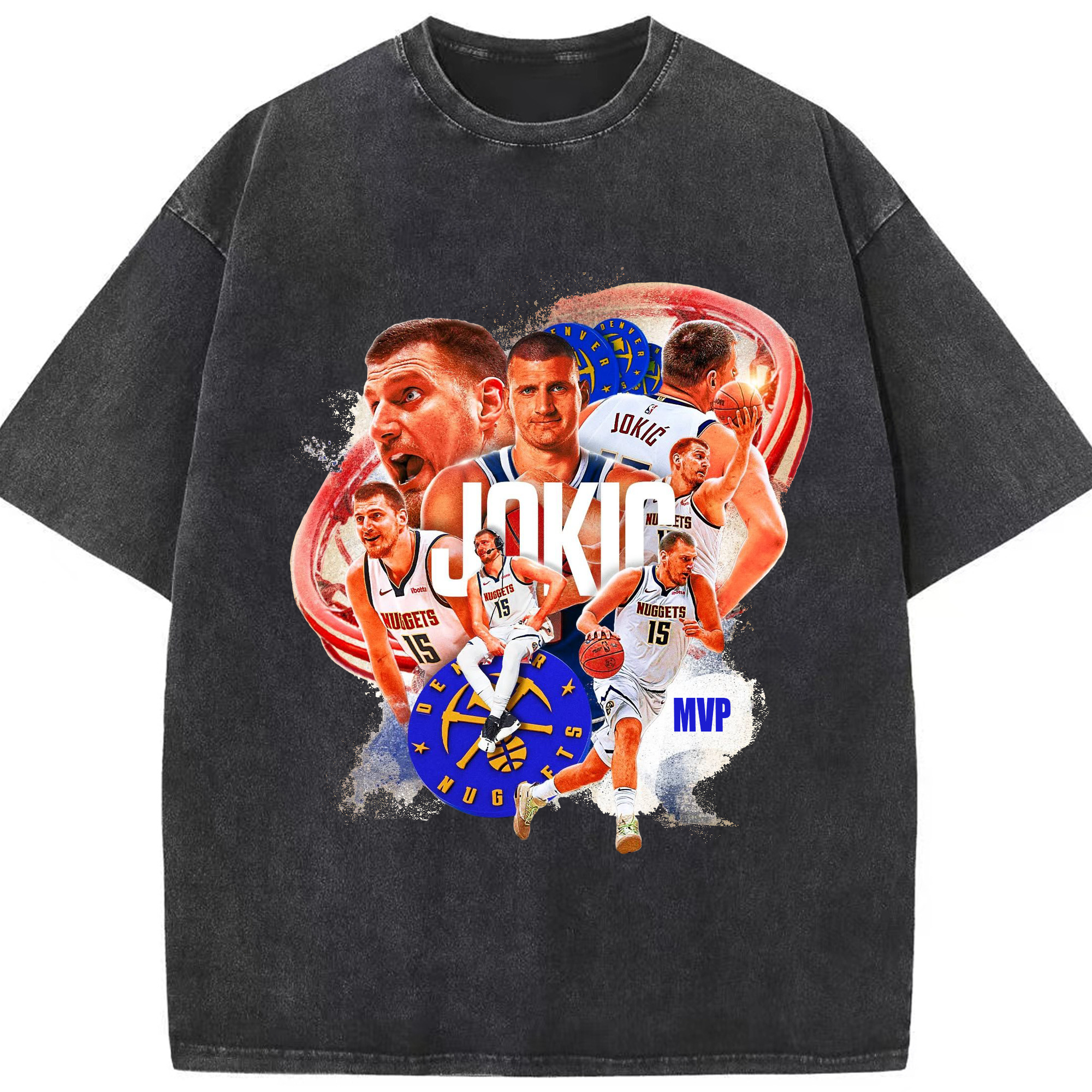 Nikola Jokić Denver Nuggets MVP Collage Shirt - Washed Vintage Look 230g Cotton Oversized T-Shirt With Front Heat Transfer Print – Soft, Lightweight, Stylish Fit – Comfortable Casual Wear For Sports & Everyday Use