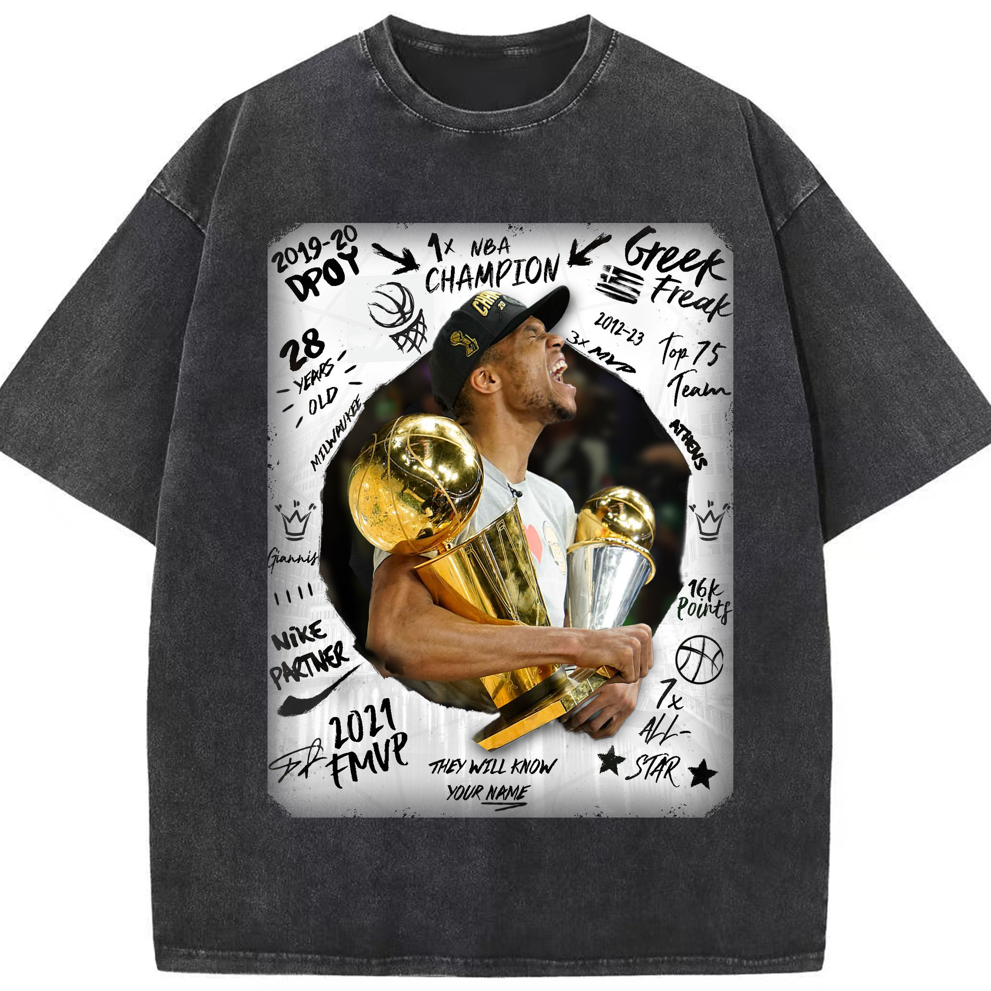 Giannis 2021 Finals MVP Graffiti Tribute Shirt - Washed Vintage Look 230g Cotton Oversized T-Shirt With Front Heat Transfer Print – Soft, Lightweight, Stylish Fit – Comfortable Casual Wear For Sports & Everyday Use