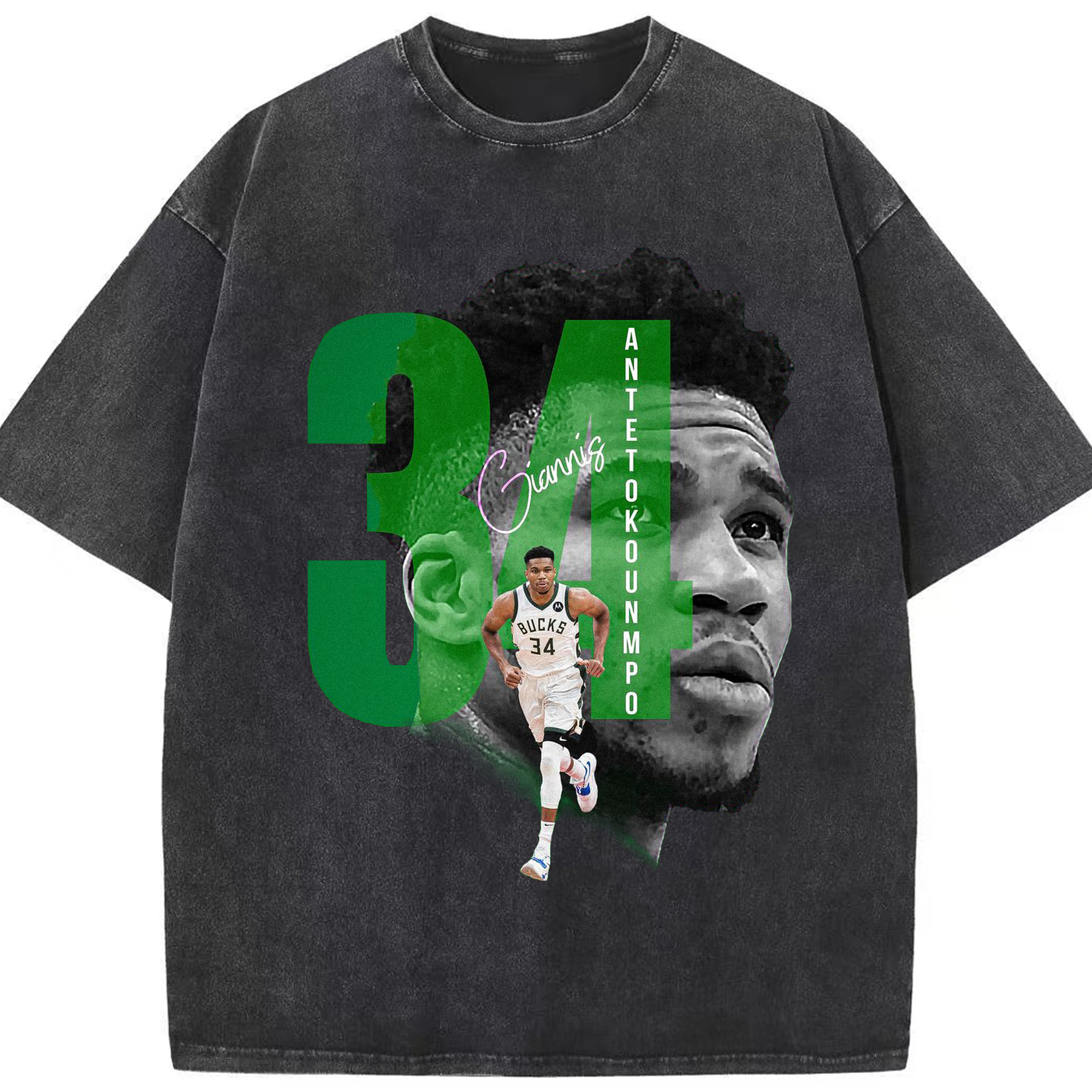 Giannis 34 Bucks Minimalist NBA Fan Shirt - Washed Vintage Look 230g Cotton Oversized T-Shirt With Front Heat Transfer Print – Soft, Lightweight, Stylish Fit – Comfortable Casual Wear For Sports & Everyday Use