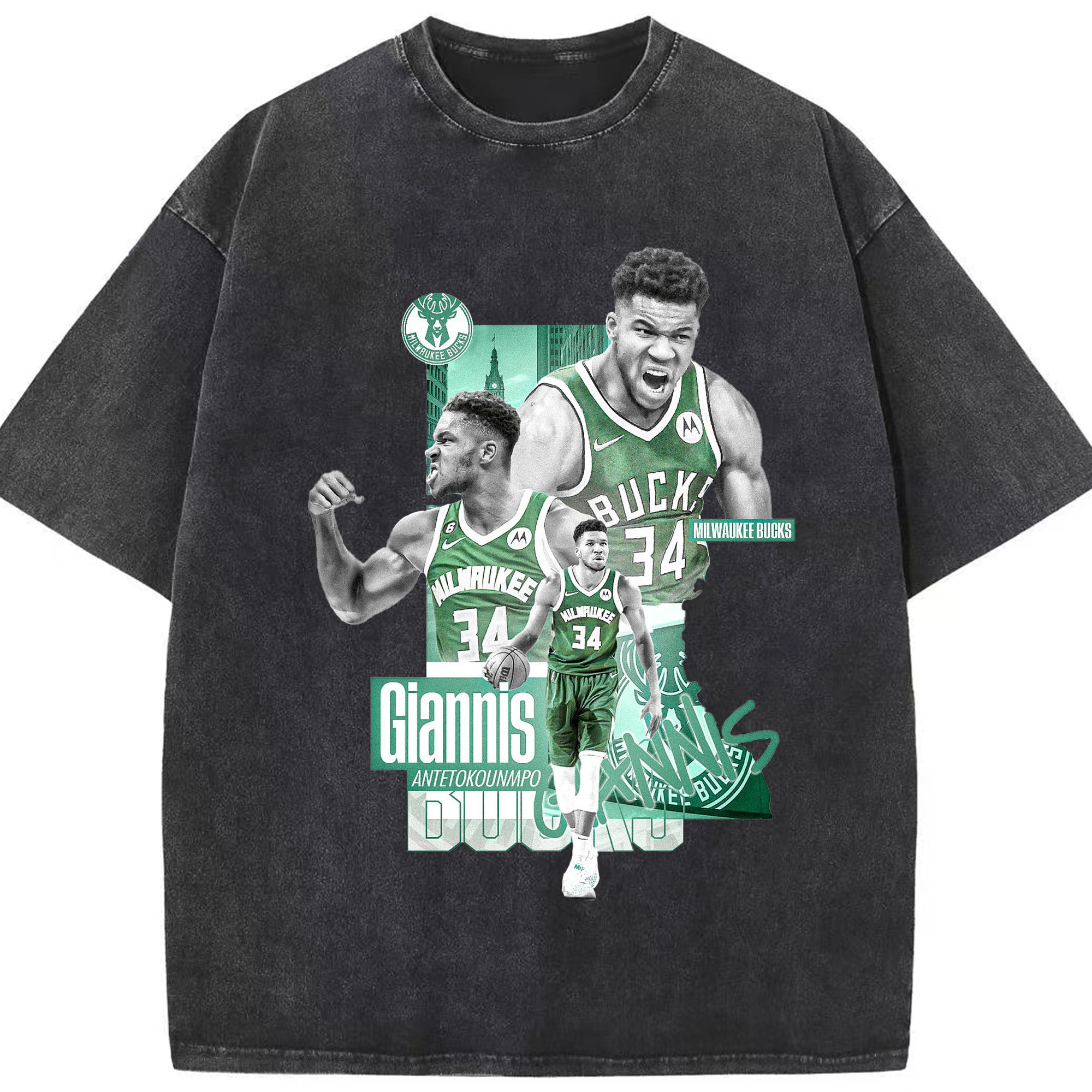 Giannis Antetokounmpo City of Bucks Hero Shirt - Washed Vintage Look 230g Cotton Oversized T-Shirt With Front Heat Transfer Print – Soft, Lightweight, Stylish Fit – Comfortable Casual Wear For Sports & Everyday Use