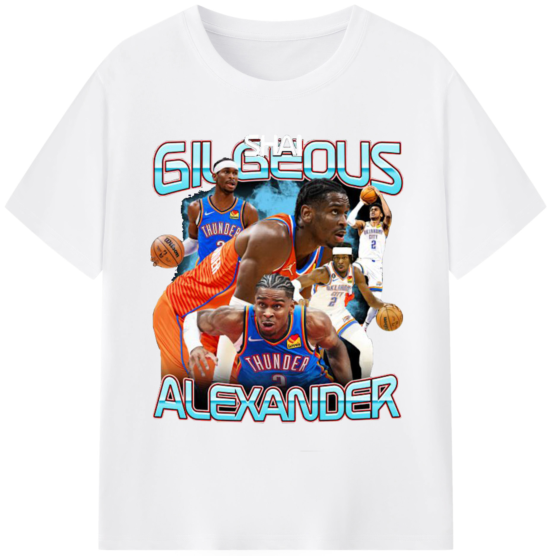 SGA Thunder #2 Bold NBA Fan Collage Shirt - 180g Cotton T-Shirt With Front Heat Transfer Print – Soft, Lightweight, Fitted Design – Comfortable Casual Wear For Sports & Everyday Use