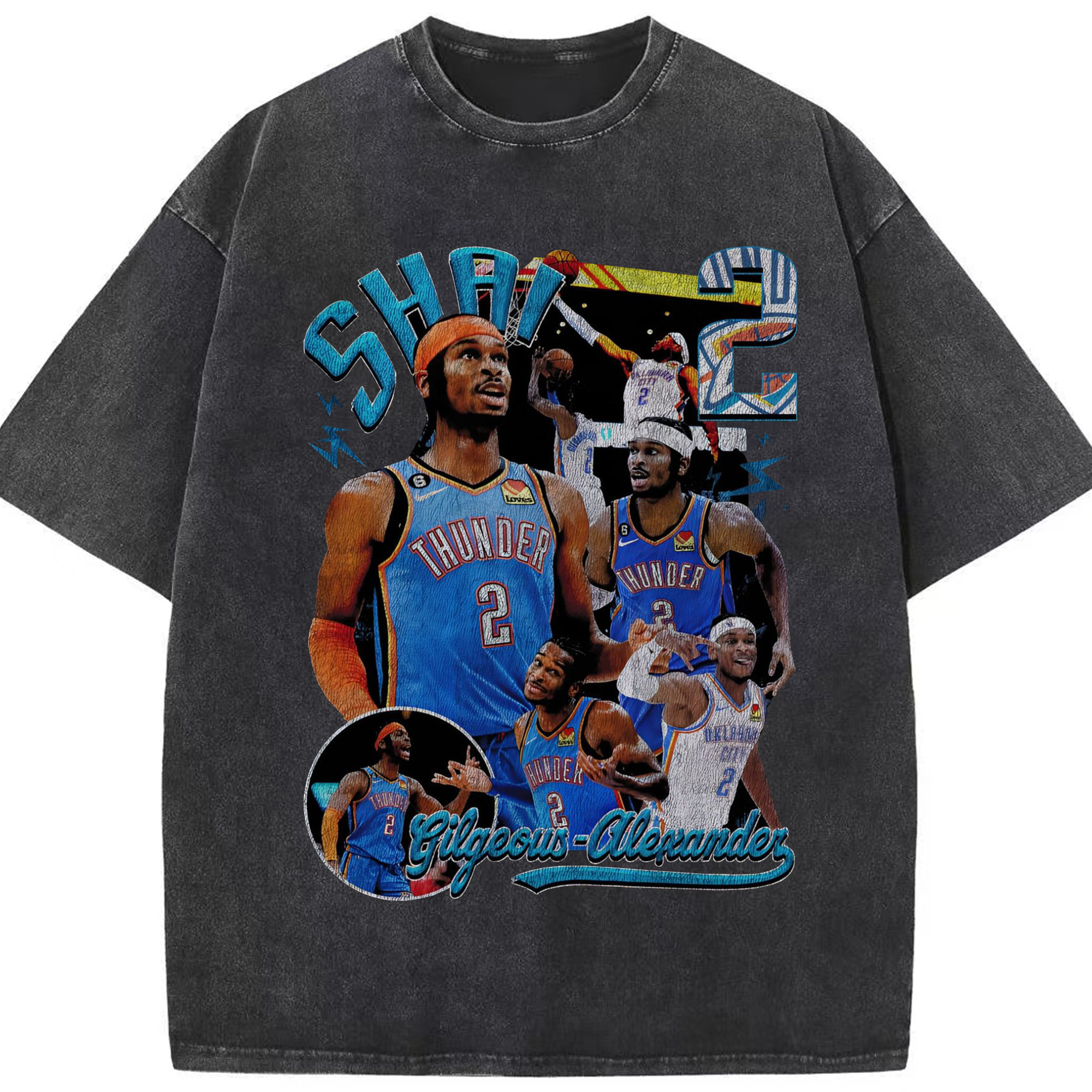 Retro SGA  Thunder Basketball Shirt - Washed Vintage Look 230g Cotton Oversized T-Shirt With Front Heat Transfer Print – Soft, Lightweight, Stylish Fit – Comfortable Casual Wear For Sports & Everyday Use