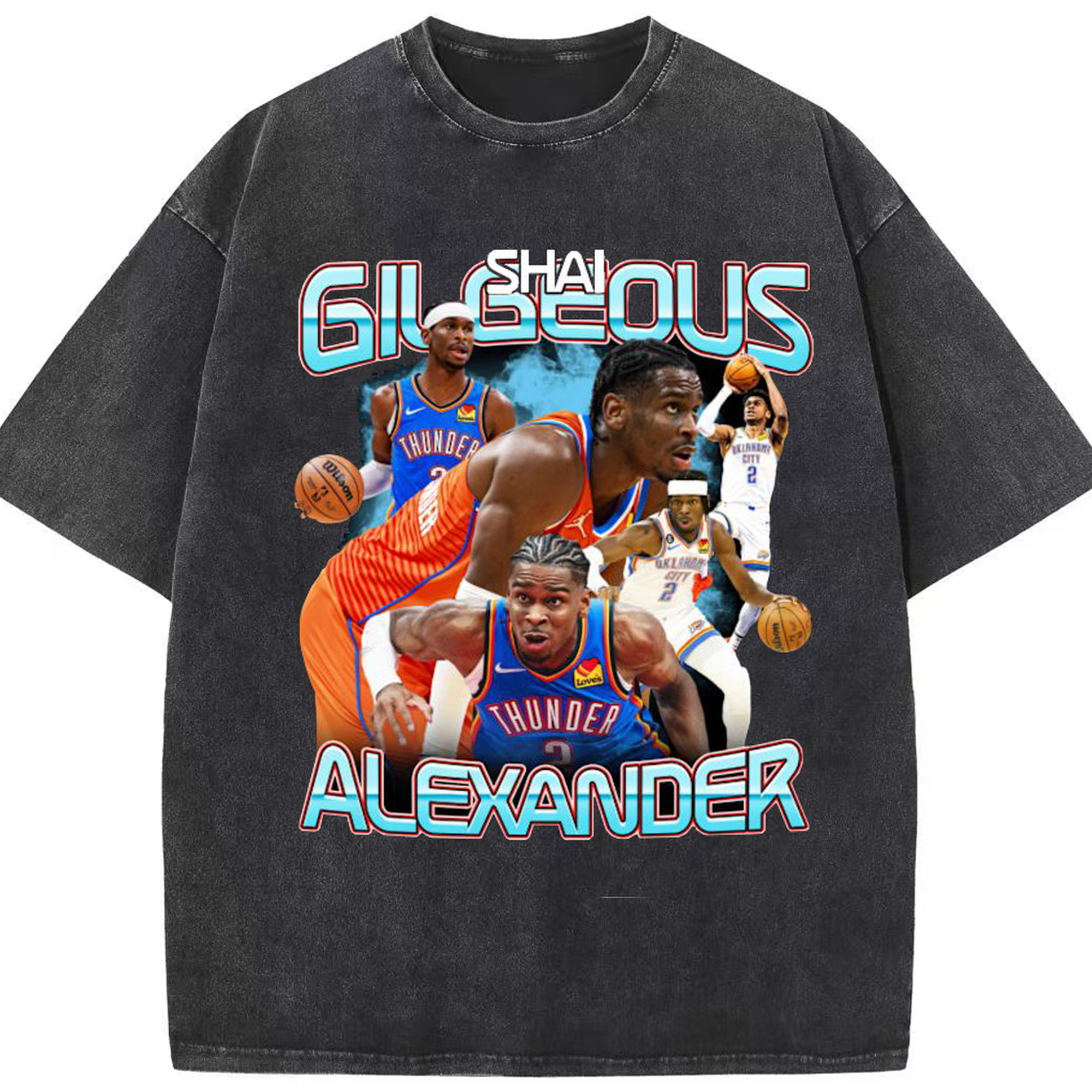 SGA Thunder #2 Bold NBA Fan Collage Shirt - Washed Vintage Look 230g Cotton Oversized T-Shirt With Front Heat Transfer Print – Soft, Lightweight, Stylish Fit – Comfortable Casual Wear For Sports & Everyday Use