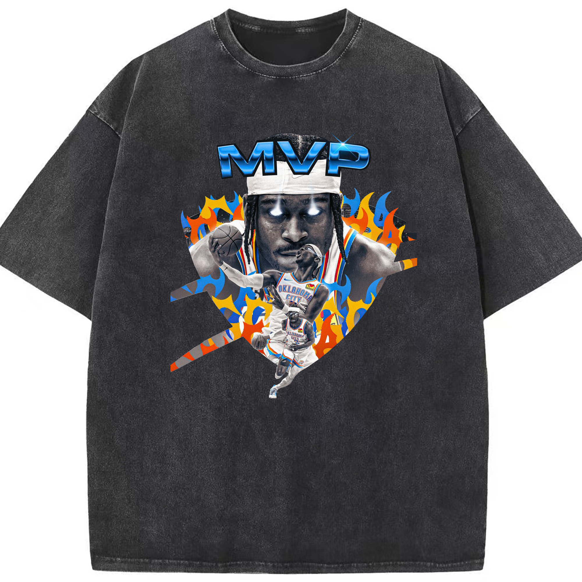 SGA MVP Electric Flame Graphic Shirt - Washed Vintage Look 230g Cotton Oversized T-Shirt With Front Heat Transfer Print – Soft, Lightweight, Stylish Fit – Comfortable Casual Wear For Sports & Everyday Use