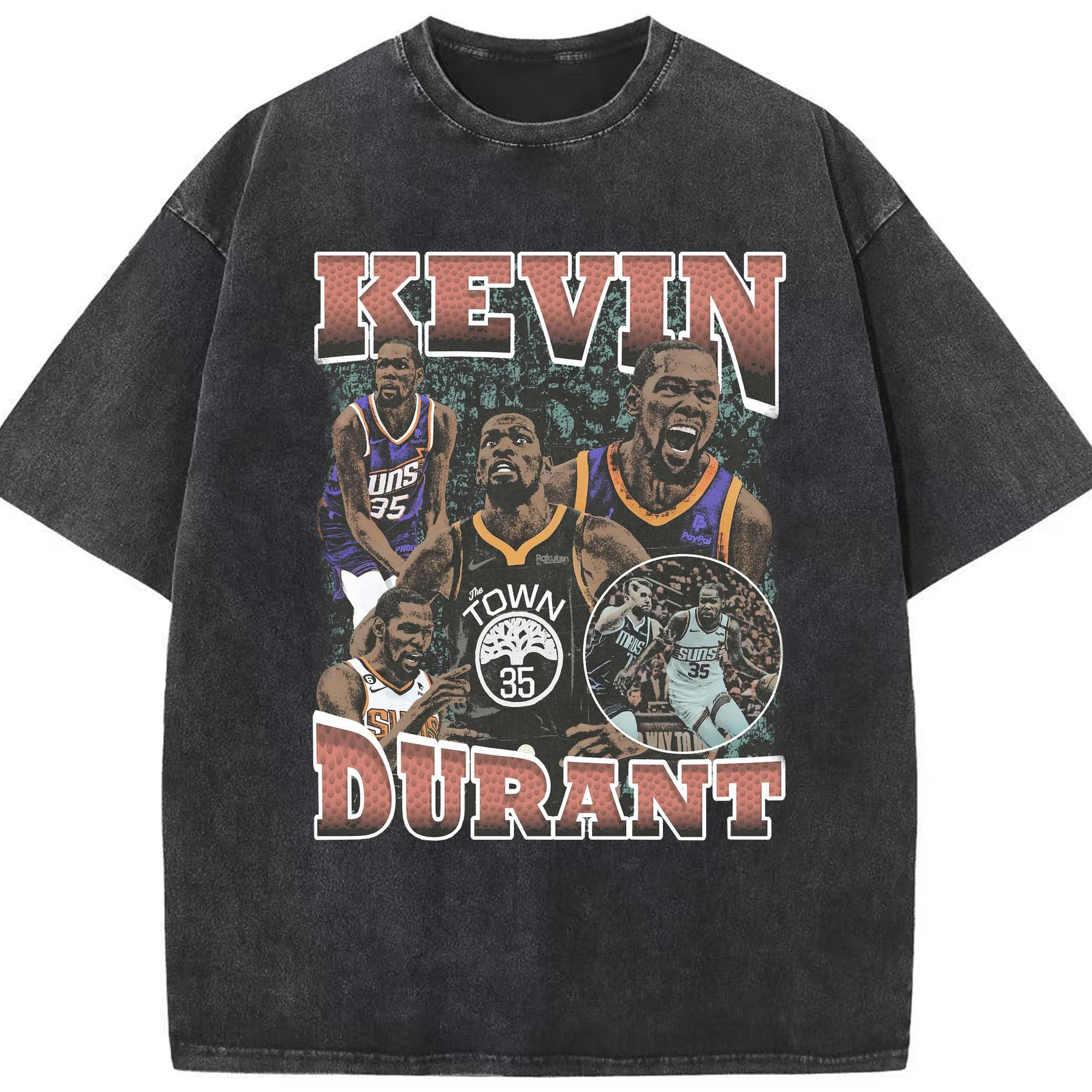 Kevin Durant Suns & Warriors Collectible Shirt - Washed Vintage Look 230g Cotton Oversized T-Shirt With Front Heat Transfer Print – Soft, Lightweight, Stylish Fit – Comfortable Casual Wear For Sports & Everyday Use
