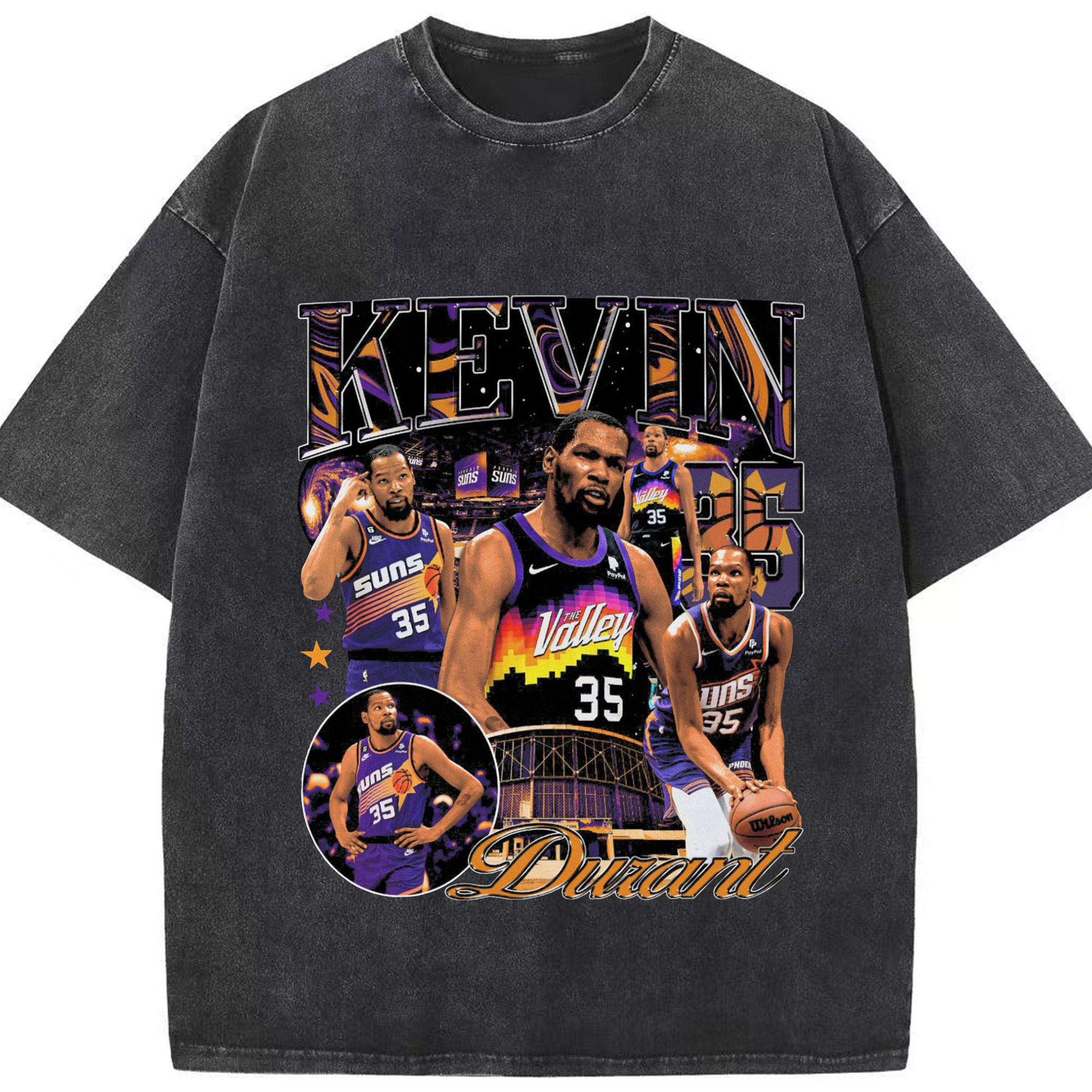 Kevin Durant Phoenix Suns "The Valley" Limited Edition Jersey Shirt - Washed Vintage Look 230g Cotton Oversized T-Shirt With Front Heat Transfer Print – Soft, Lightweight, Stylish Fit – Comfortable Casual Wear For Sports & Everyday Use