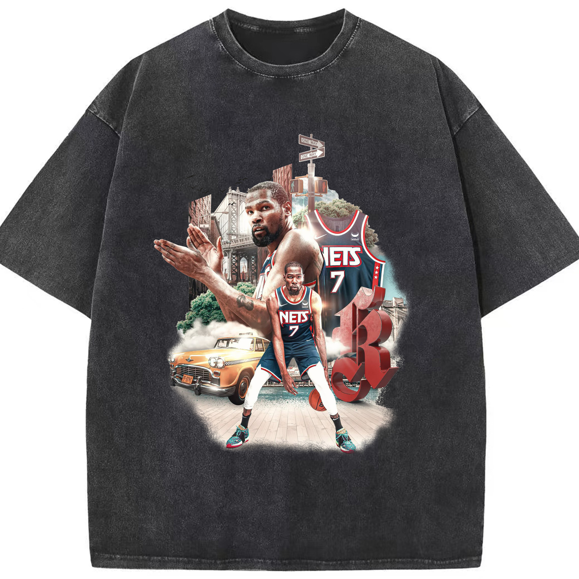 Kevin Durant Brooklyn Nets Limited Edition Jersey Shirt - Washed Vintage Look 230g Cotton Oversized T-Shirt With Front Heat Transfer Print – Soft, Lightweight, Stylish Fit – Comfortable Casual Wear For Sports & Everyday Use