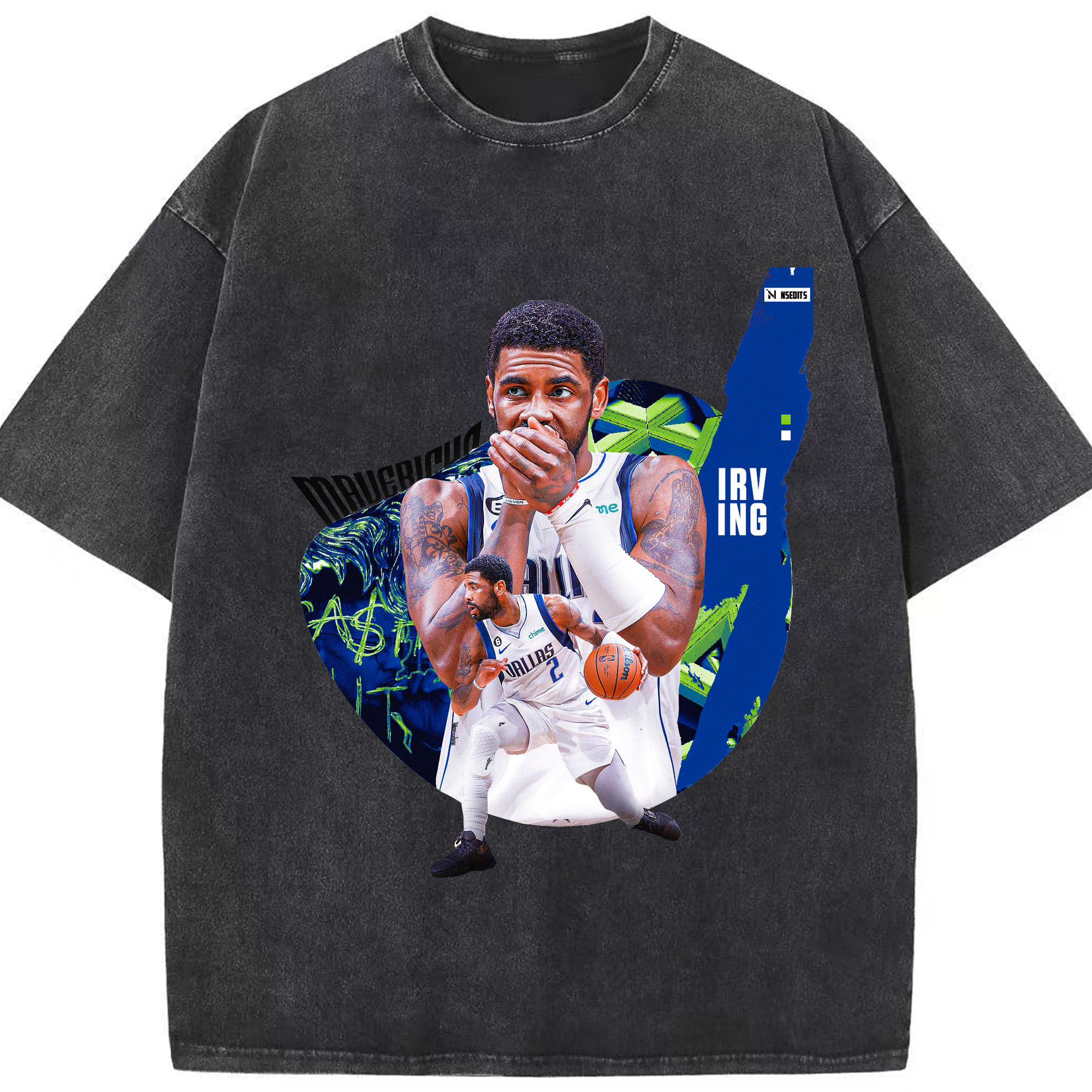 Kyrie Irving Dallas Mavericks Graphic - Washed Vintage Look 230g Cotton Oversized T-Shirt With Front Heat Transfer Print – Soft, Lightweight, Stylish Fit – Comfortable Casual Wear For Sports & Everyday Use