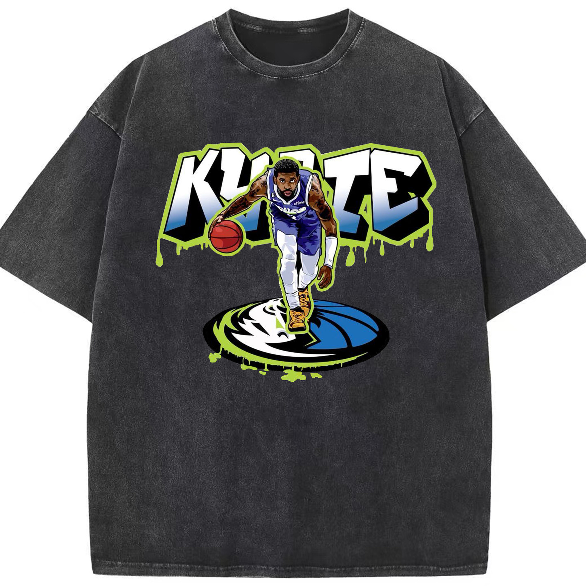 Kyrie Irving Dallas Mavericks Graffiti Shirt - Washed Vintage Look 230g Cotton Oversized T-Shirt With Front Heat Transfer Print – Soft, Lightweight, Stylish Fit – Comfortable Casual Wear For Sports & Everyday Use