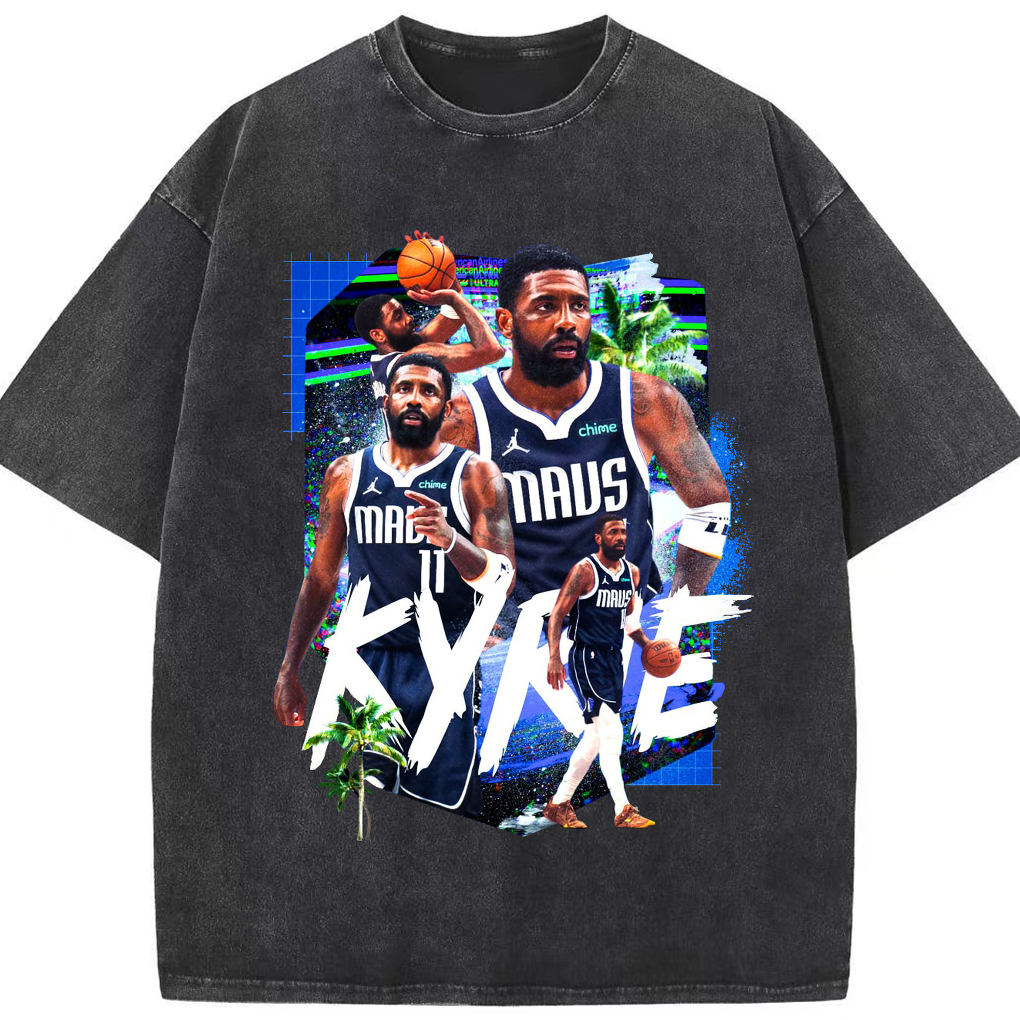 Kyrie Irving Dallas Mavericks  Electronic Graffiti - Washed Vintage Look 230g Cotton Oversized T-Shirt With Front Heat Transfer Print – Soft, Lightweight, Stylish Fit – Comfortable Casual Wear For Sports & Everyday Use