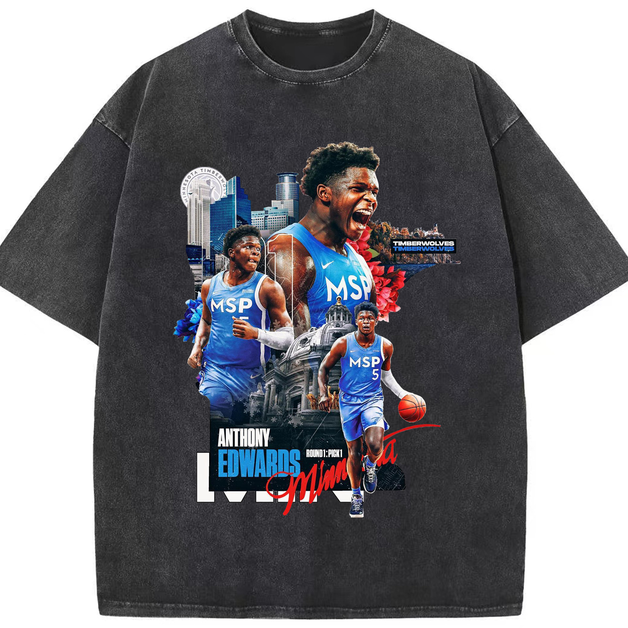 Anthony Edwards  Minnesota Timberwolves City Tribute Shirt - Washed Vintage Look 230g Cotton Oversized T-Shirt With Front Heat Transfer Print – Soft, Lightweight, Stylish Fit – Comfortable Casual Wear For Sports & Everyday Use