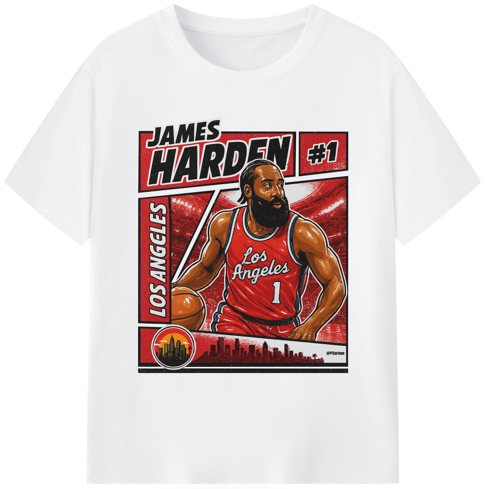 James Harden #1 Los Angeles Cartoon Shirt - 180g Cotton T-Shirt With Front Heat Transfer Print – Soft, Lightweight, Fitted Design – Comfortable Casual Wear For Sports & Everyday Use