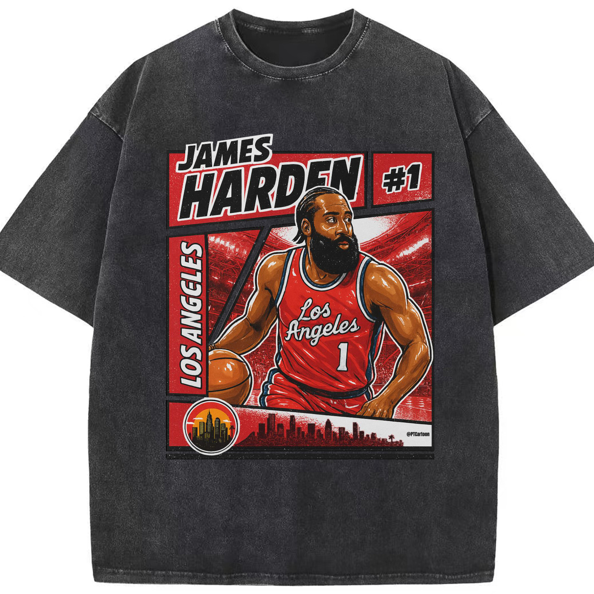James Harden #1 Los Angeles Cartoon Shirt - Washed Vintage Look 230g Cotton Oversized T-Shirt With Front Heat Transfer Print – Soft, Lightweight, Stylish Fit – Comfortable Casual Wear For Sports & Everyday Use
