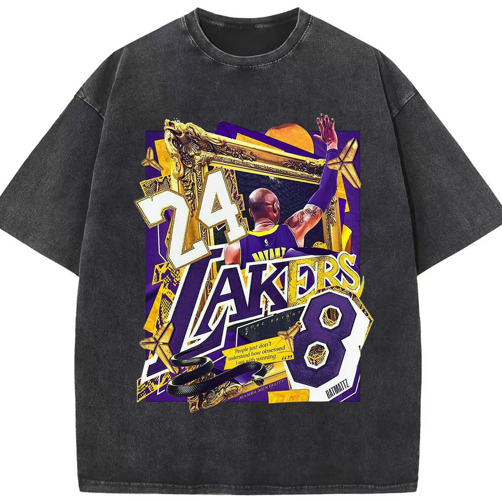 Kobe Bryant Lakers 24 & 8 Mamba Mentality Shirt - Washed Vintage Look 230g Cotton Oversized T-Shirt With Front Heat Transfer Print – Soft, Lightweight, Stylish Fit – Comfortable Casual Wear For Sports & Everyday Use