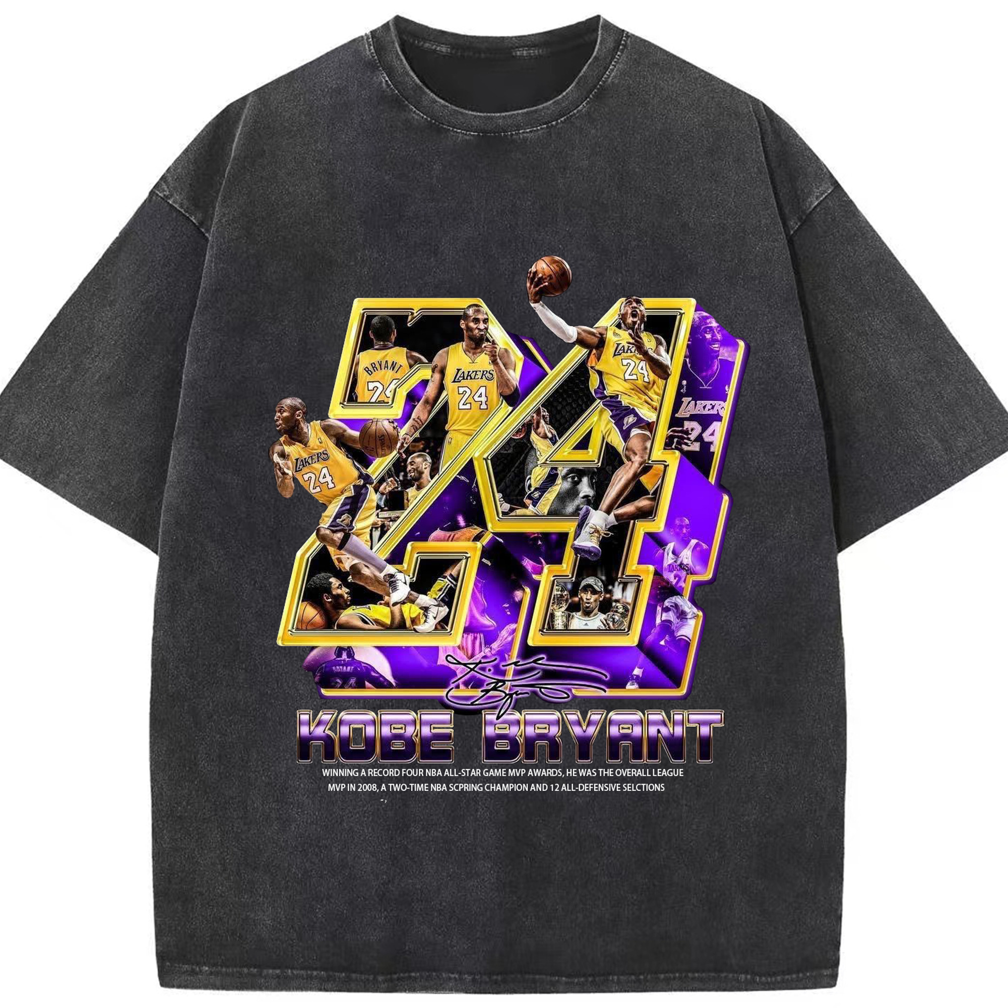 Kobe Bryant No. 24 close-up - Washed Vintage Look 230g Cotton Oversized T-Shirt With Front Heat Transfer Print – Soft, Lightweight, Stylish Fit – Comfortable Casual Wear For Sports & Everyday Use
