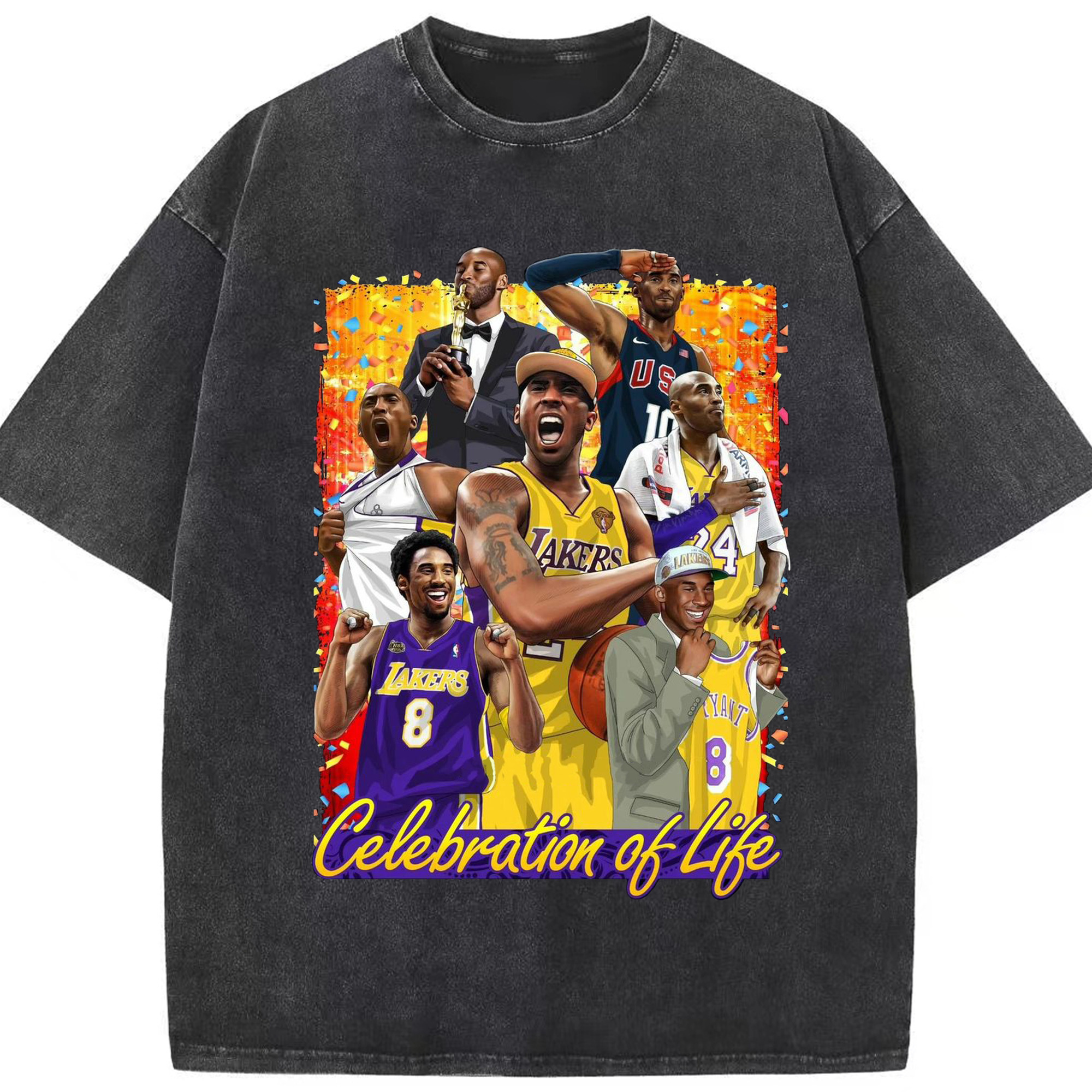Kobe Bryant Life Celebration Shirt - Washed Vintage Look 230g Cotton Oversized T-Shirt With Front Heat Transfer Print – Soft, Lightweight, Stylish Fit – Comfortable Casual Wear For Sports & Everyday Use