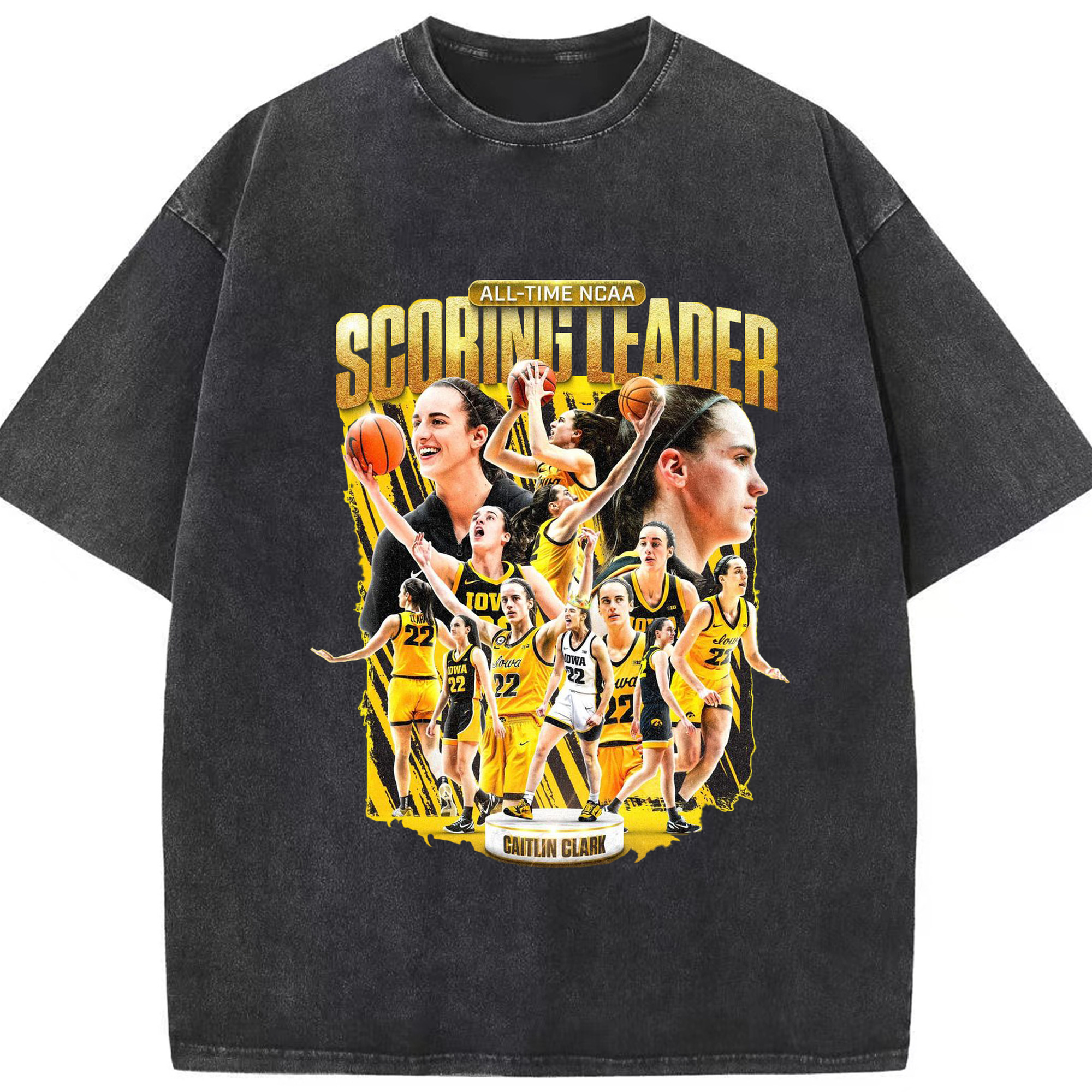 Caitlin Clark all-time ncaa - Washed Vintage Look 230g Cotton Oversized T-Shirt With Front Heat Transfer Print – Soft, Lightweight, Stylish Fit – Comfortable Casual Wear For Sports & Everyday Use