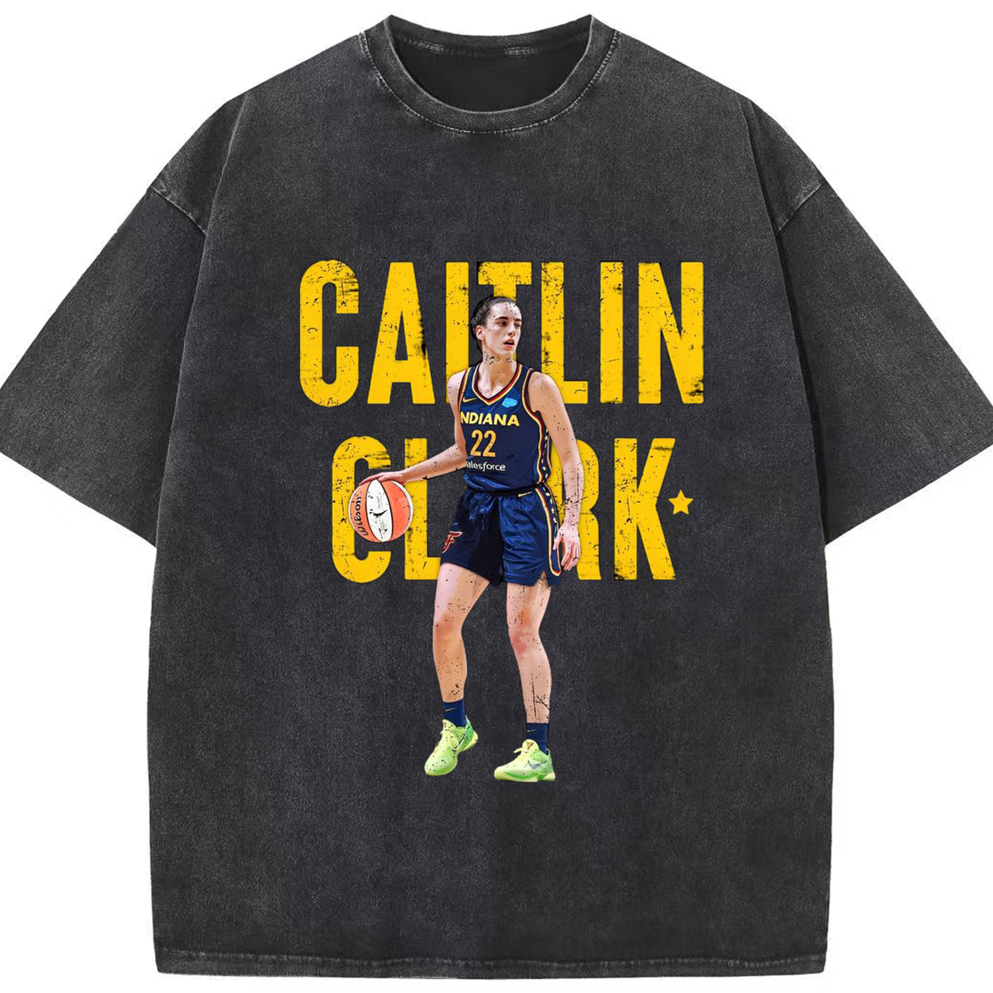 Caitlin Clark zk6 “Green apple” - Washed Vintage Look 230g Cotton Oversized T-Shirt With Front Heat Transfer Print – Soft, Lightweight, Stylish Fit – Comfortable Casual Wear For Sports & Everyday Use