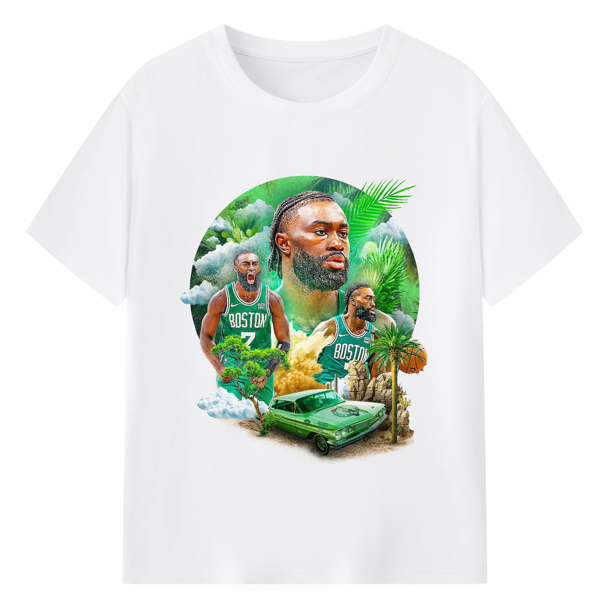 “Island of Green” Jaylen Brown Fantasy Shirt - 180g Cotton T-Shirt With Front Heat Transfer Print – Soft, Lightweight, Fitted Design – Comfortable Casual Wear For Sports & Everyday Use