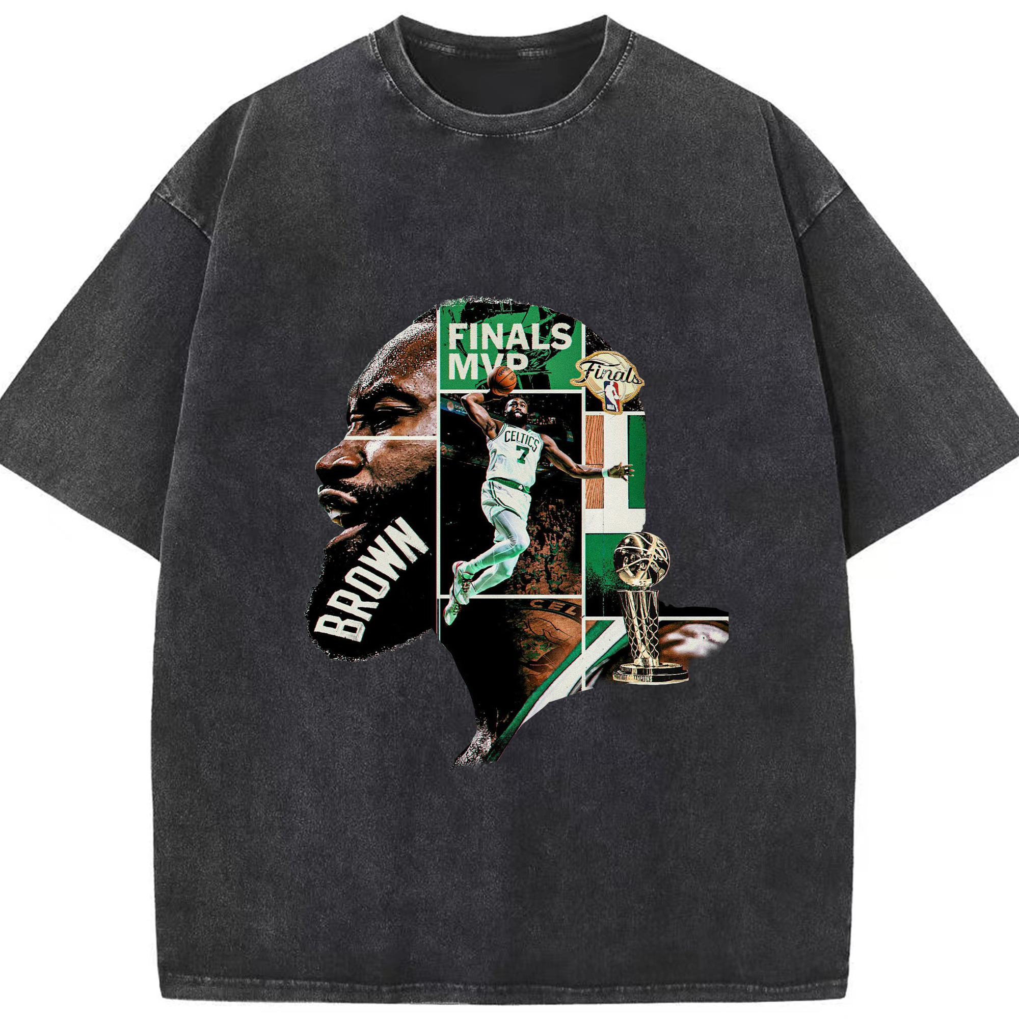 “Crowned in Silence” Jaylen Brown Silhouette FMVP Shirt - Washed Vintage Look 230g Cotton Oversized T-Shirt With Front Heat Transfer Print – Soft, Lightweight, Stylish Fit – Comfortable Casual Wear For Sports & Everyday Use