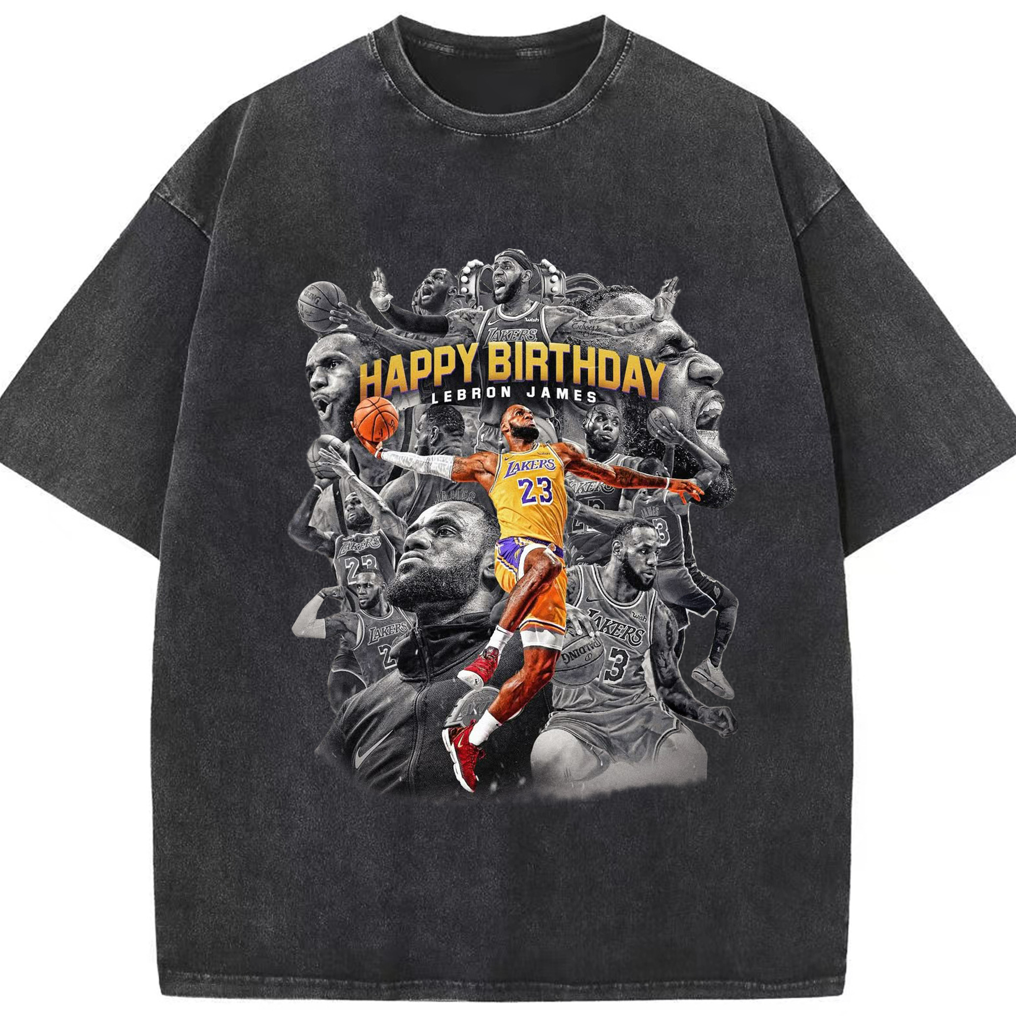 LeBron James "Happy Birthday" Limited Edition Lakers Shirt - Washed Vintage Look 230g Cotton Oversized T-Shirt With Front Heat Transfer Print – Soft, Lightweight, Stylish Fit – Comfortable Casual Wear For Sports & Everyday Use
