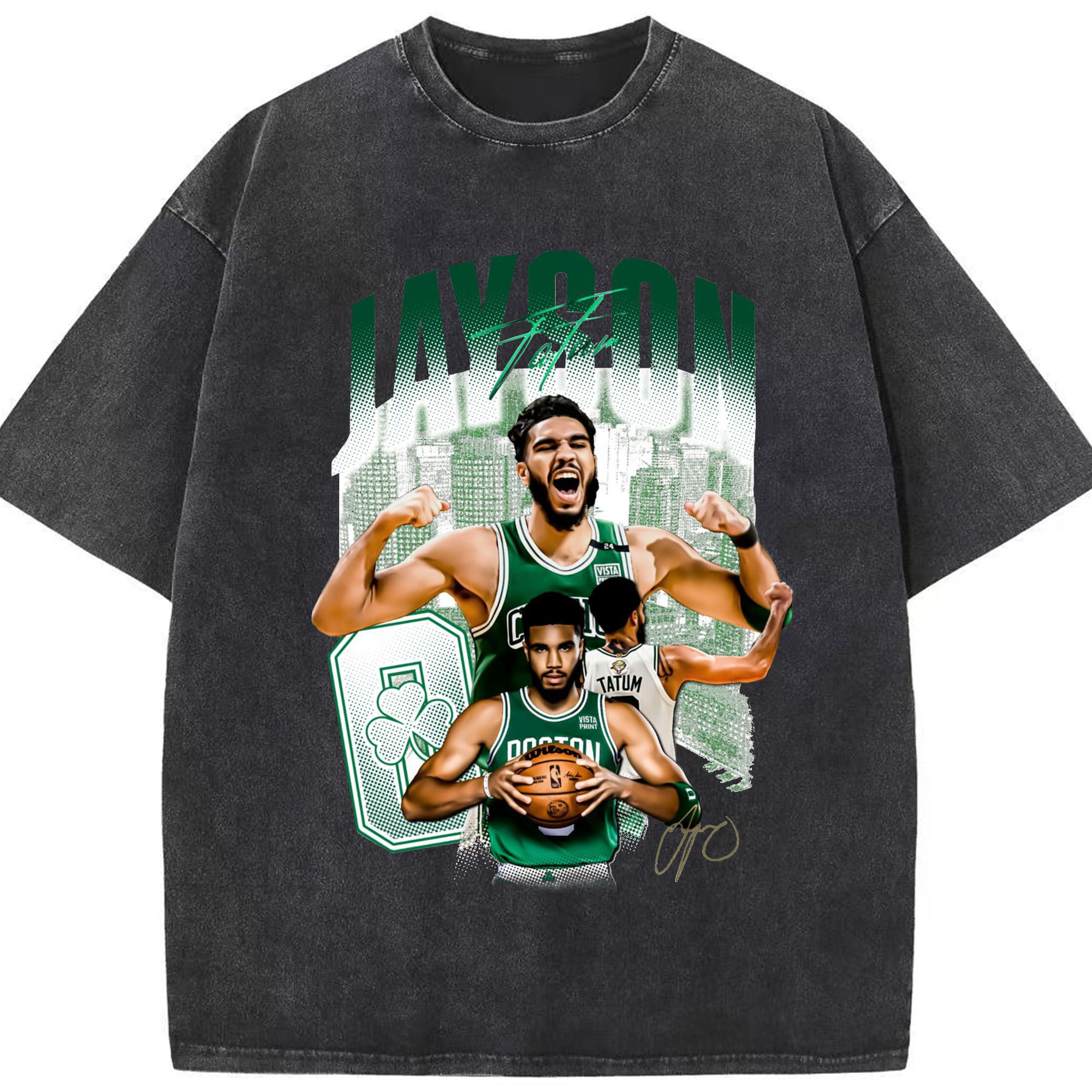 Jayson Tatum Celtics Signature Boston Skyline Shirt - Washed Vintage Look 230g Cotton Oversized T-Shirt With Front Heat Transfer Print – Soft, Lightweight, Stylish Fit – Comfortable Casual Wear For Sports & Everyday Use