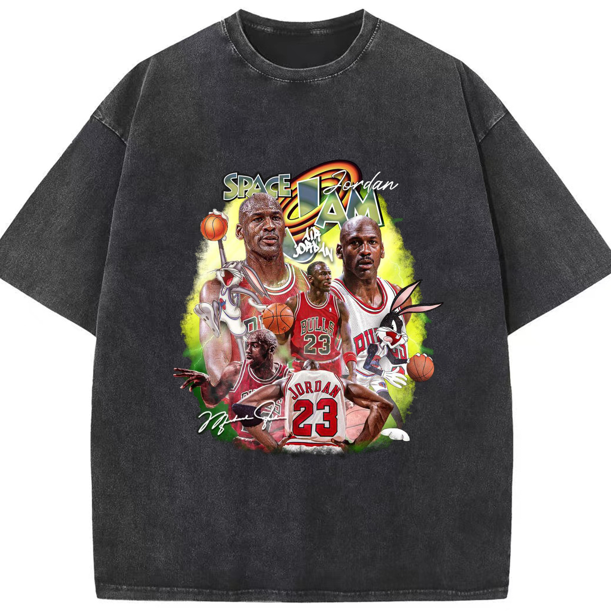 Space Jam x Michael Jordan Collage Shirt - Washed Vintage Look 230g Cotton Oversized T-Shirt With Front Heat Transfer Print – Soft, Lightweight, Stylish Fit – Comfortable Casual Wear For Sports & Everyday Use