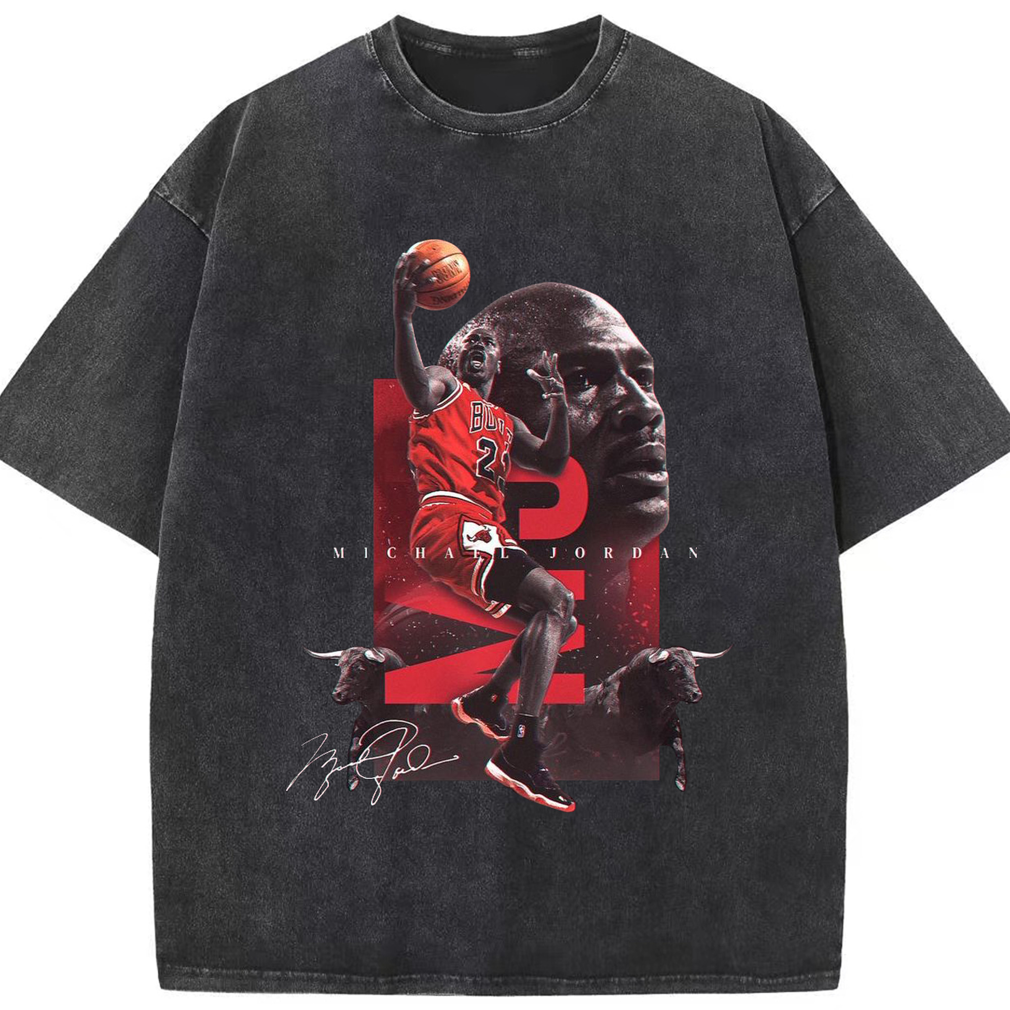 Michael Jordan Chicago Bulls GOAT Tribute Shirt - Washed Vintage Look 230g Cotton Oversized T-Shirt With Front Heat Transfer Print – Soft, Lightweight, Stylish Fit – Comfortable Casual Wear For Sports & Everyday Use