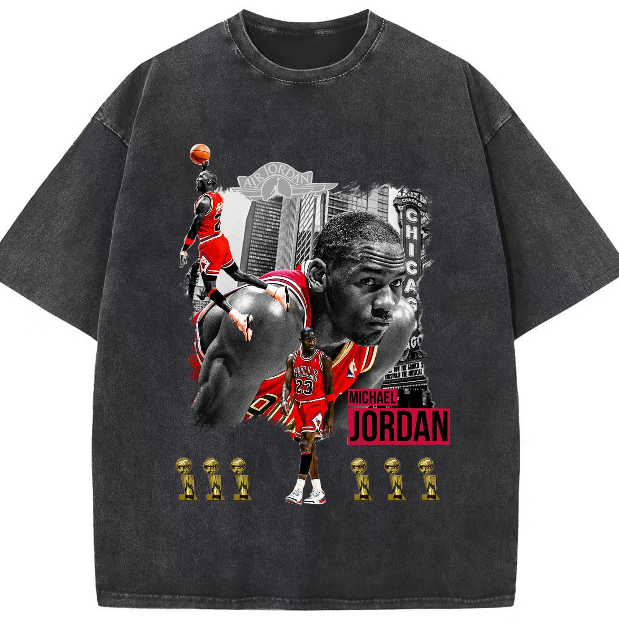 Michael Jordan 6x NBA Champion Shirt - Washed Vintage Look 230g Cotton Oversized T-Shirt With Front Heat Transfer Print – Soft, Lightweight, Stylish Fit – Comfortable Casual Wear For Sports & Everyday Use