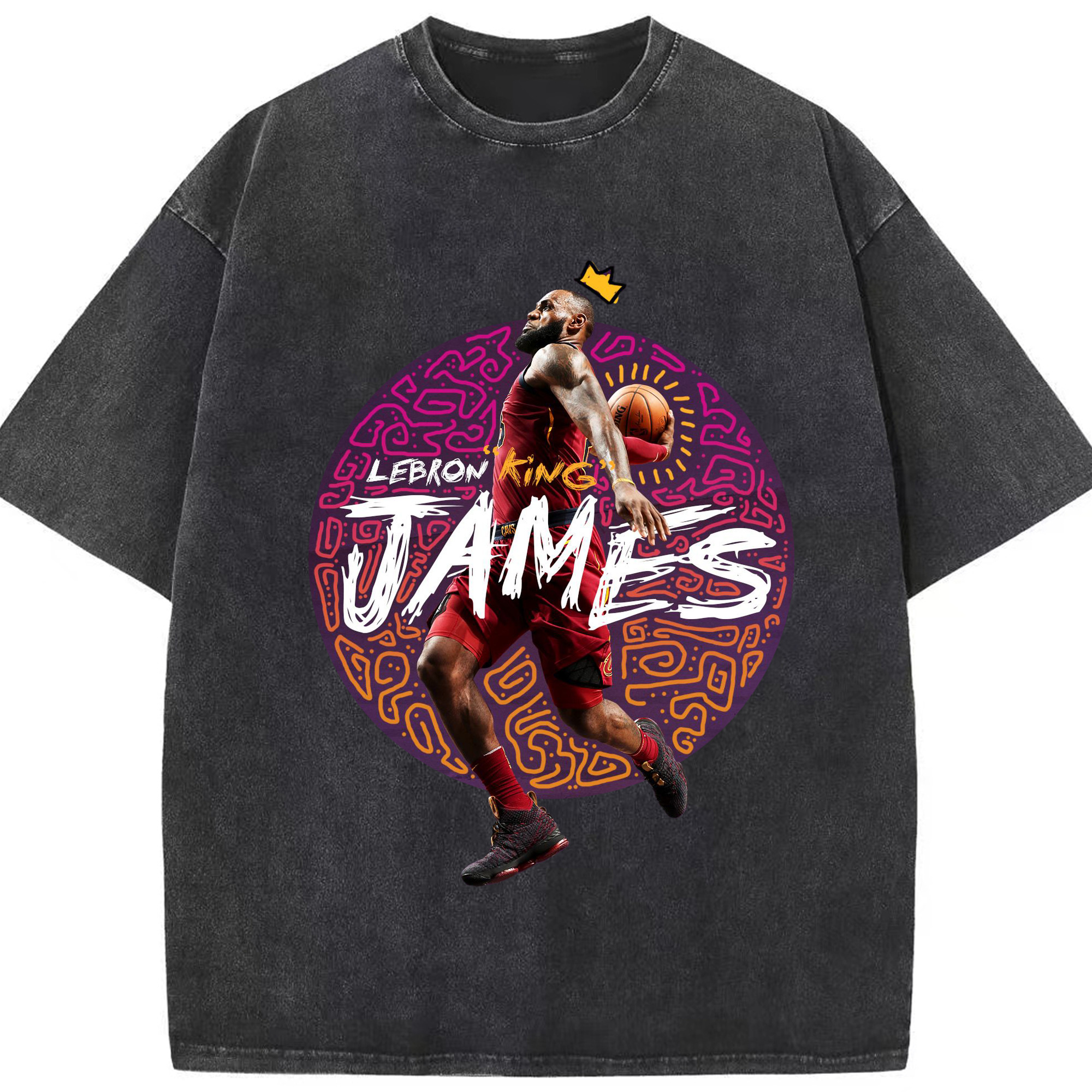 Cleveland King LeBron Dunk Shirt - Washed Vintage Look 230g Cotton Oversized T-Shirt With Front Heat Transfer Print – Soft, Lightweight, Stylish Fit – Comfortable Casual Wear For Sports & Everyday Use