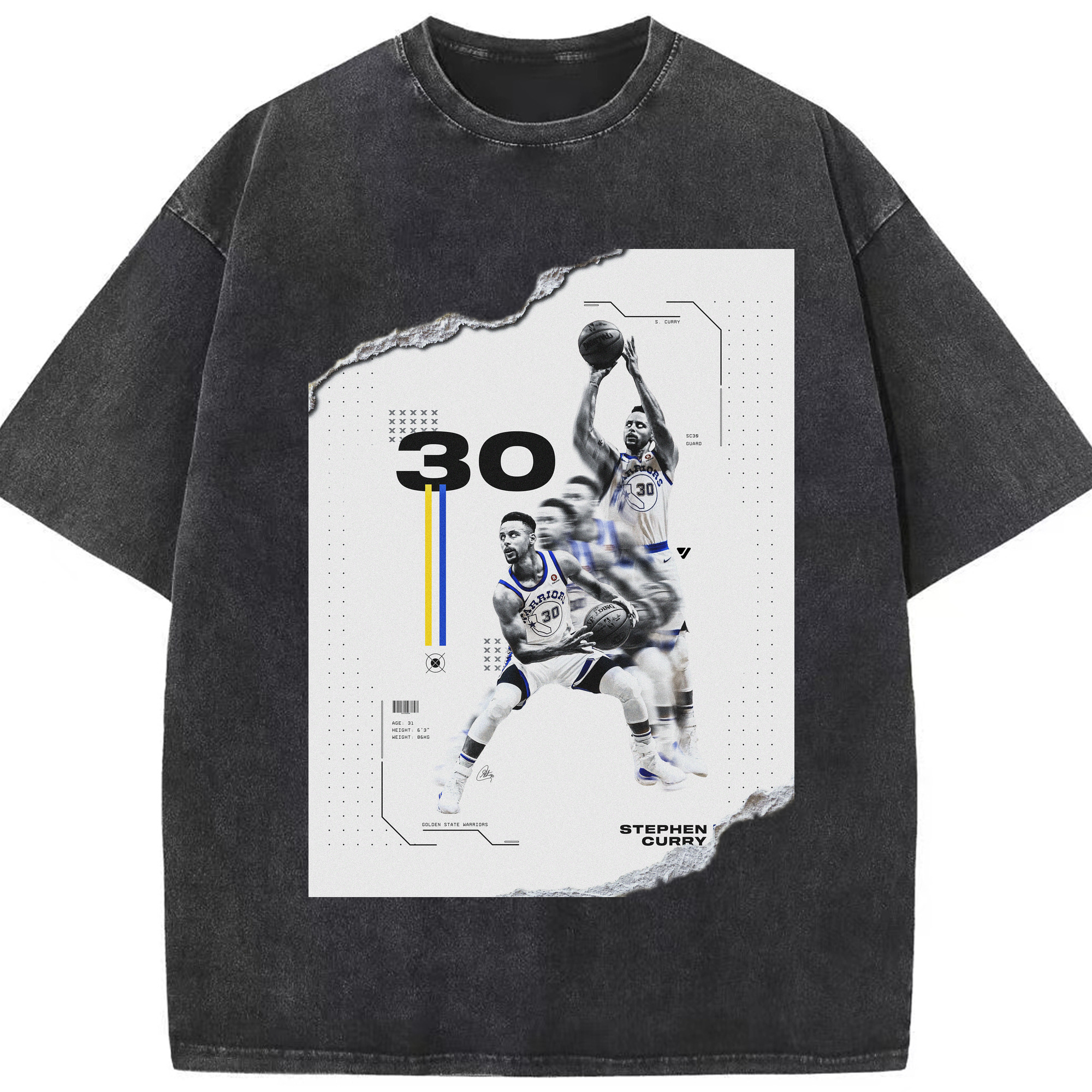 Stephen Curry #30 Shred Art Shirt - Washed Vintage Look 230g Cotton Oversized T-Shirt With Front Heat Transfer Print – Soft, Lightweight, Stylish Fit – Comfortable Casual Wear For Sports & Everyday Use