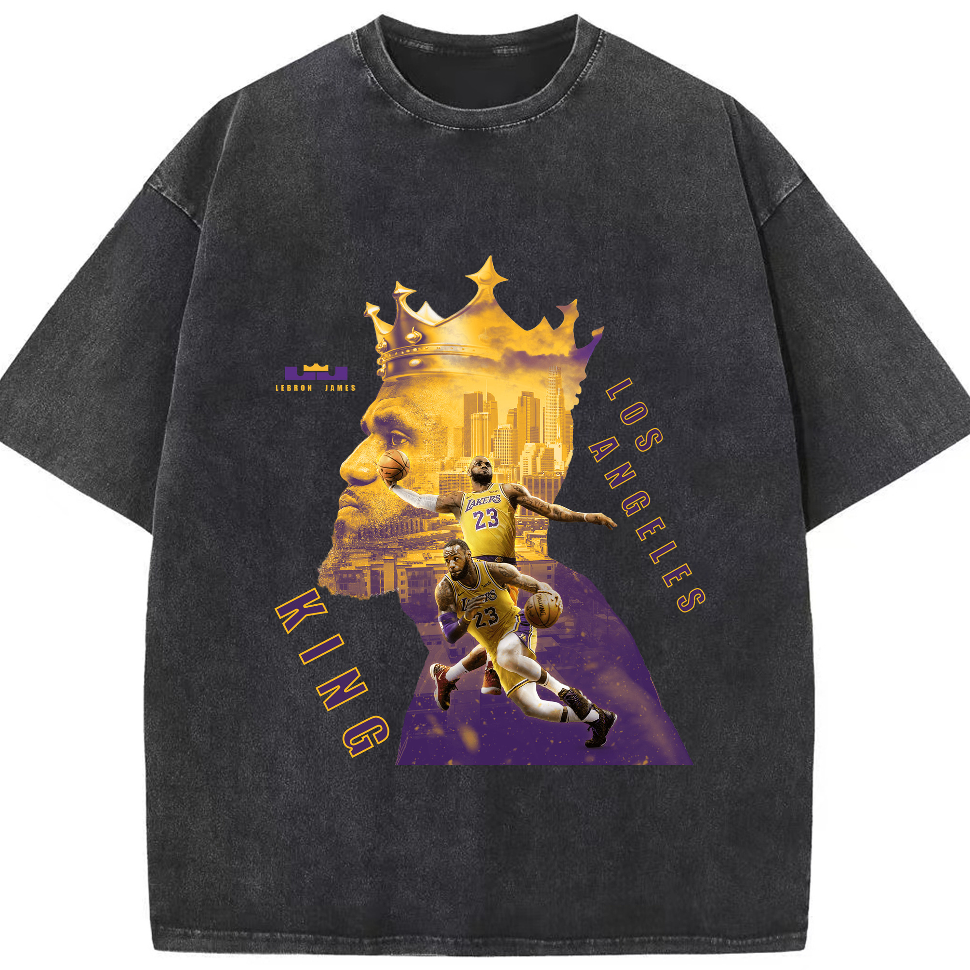 LeBron James Los Angeles Lakers King Graphic Shirt - Washed Vintage Look 230g Cotton Oversized T-Shirt With Front Heat Transfer Print – Soft, Lightweight, Stylish Fit – Comfortable Casual Wear For Sports & Everyday Use