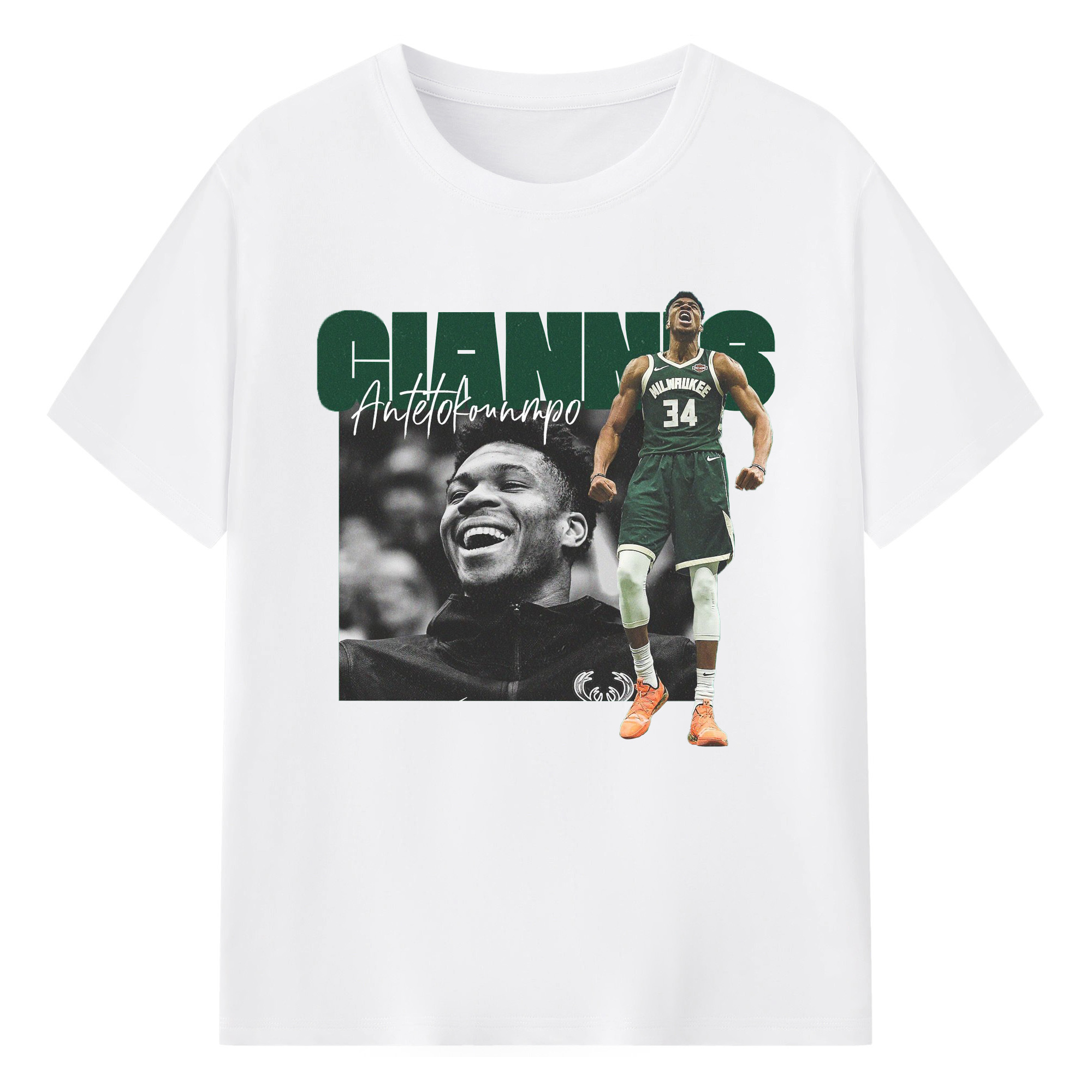 Giannis Antetokounmpo raises his arms to vent - 180g Cotton T-Shirt With Front Heat Transfer Print – Soft, Lightweight, Fitted Design – Comfortable Casual Wear For Sports & Everyday Use