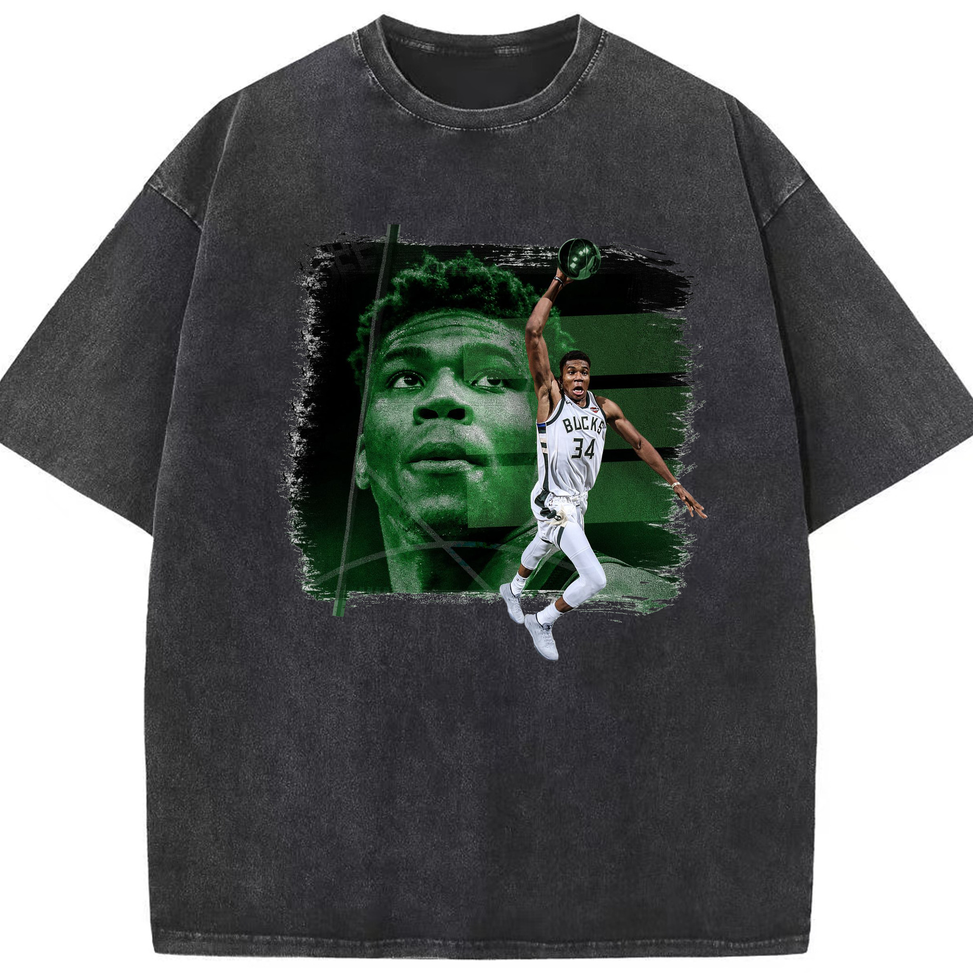 Giannis Antetokounmpo's slam dunk - Washed Vintage Look 230g Cotton Oversized T-Shirt With Front Heat Transfer Print – Soft, Lightweight, Stylish Fit – Comfortable Casual Wear For Sports & Everyday Use
