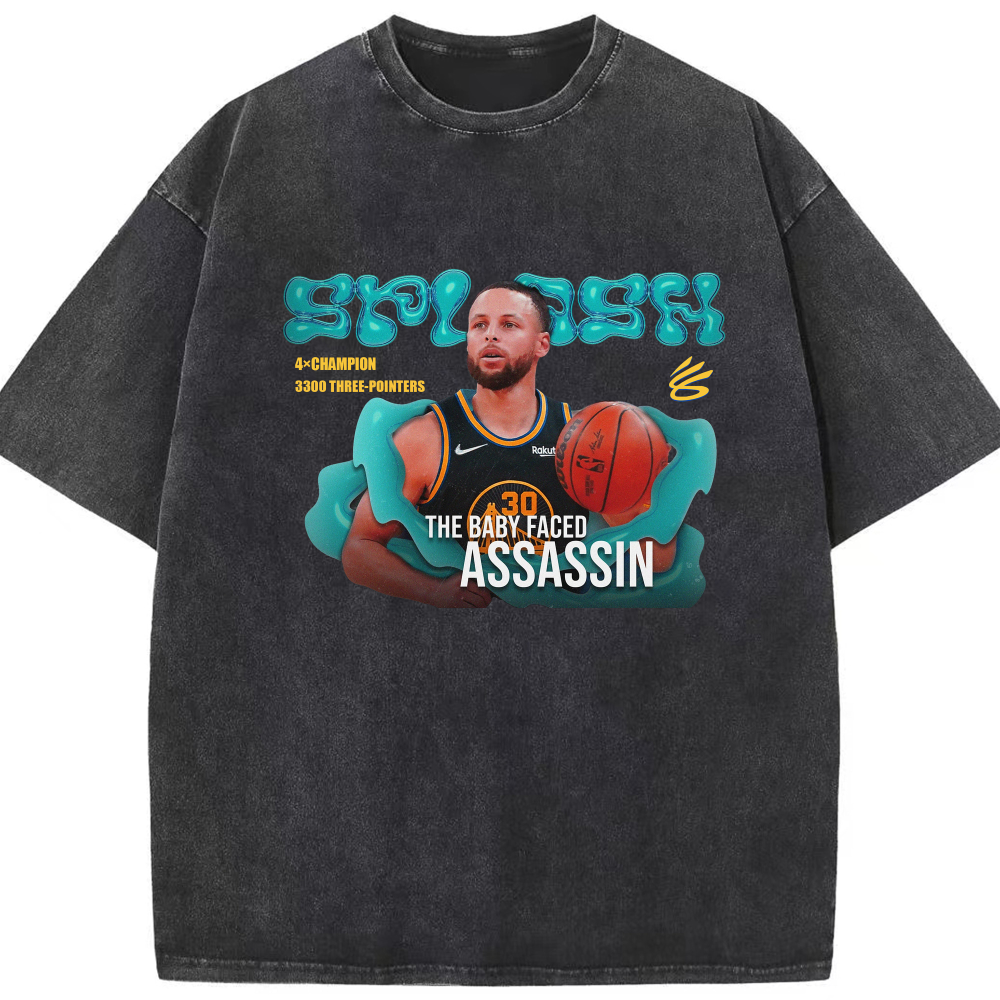 Stephen Curry Art “The Baby Faced assassin” logo Shirt - Washed Vintage Look 230g Cotton Oversized T-Shirt With Front Heat Transfer Print – Soft, Lightweight, Stylish Fit – Comfortable Casual Wear For Sports & Everyday Use