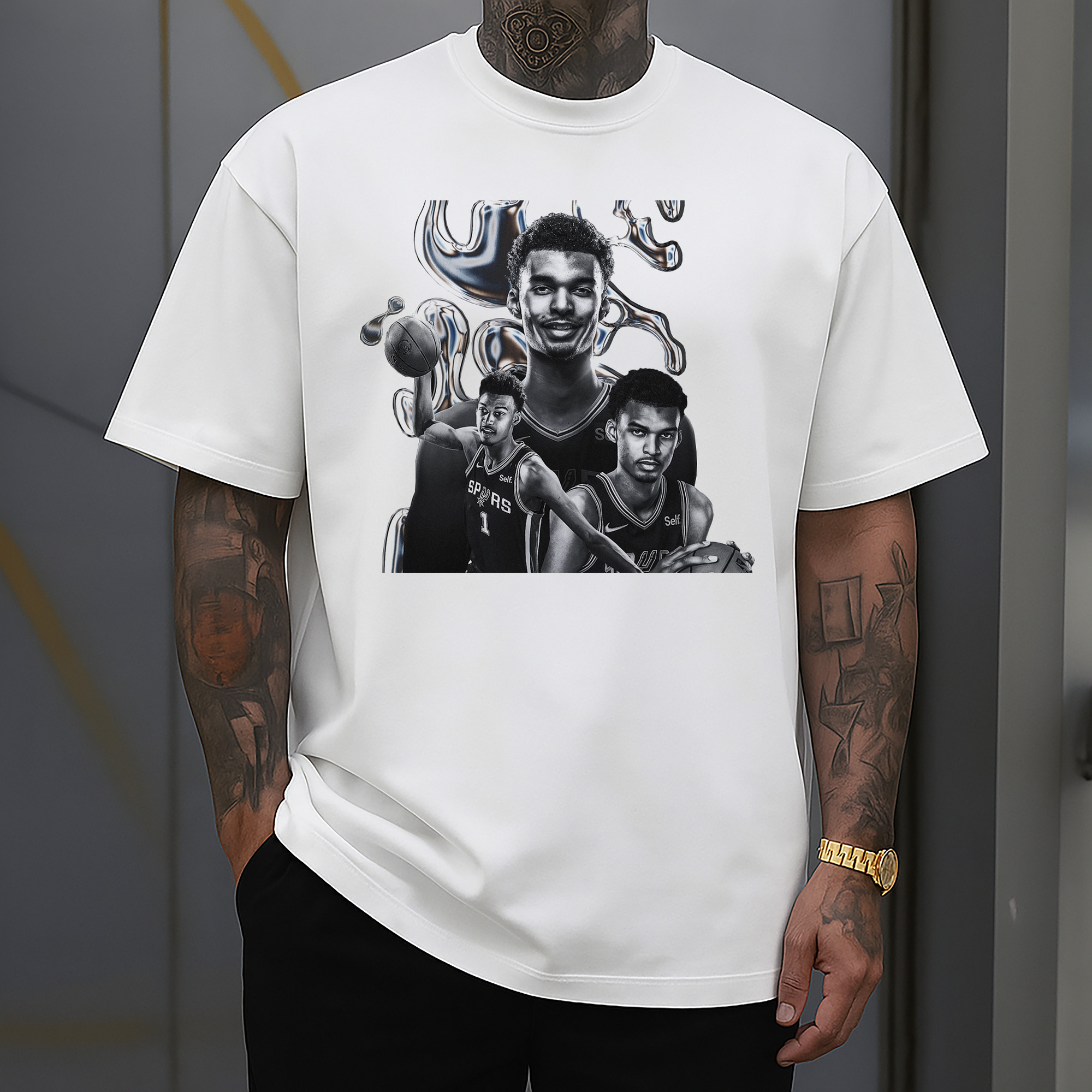 Victor Wembanyama Chrome Effect Spurs Futuristic NBA Graphic Shirt