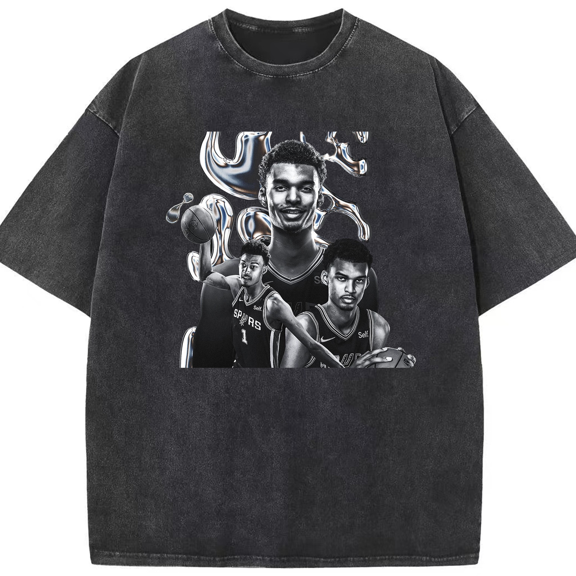 Victor Wembanyama Chrome Effect Spurs Futuristic NBA Graphic Shirt - Washed Vintage Look 230g Cotton Oversized T-Shirt With Front Heat Transfer Print – Soft, Lightweight, Stylish Fit – Comfortable Casual Wear For Sports & Everyday Use