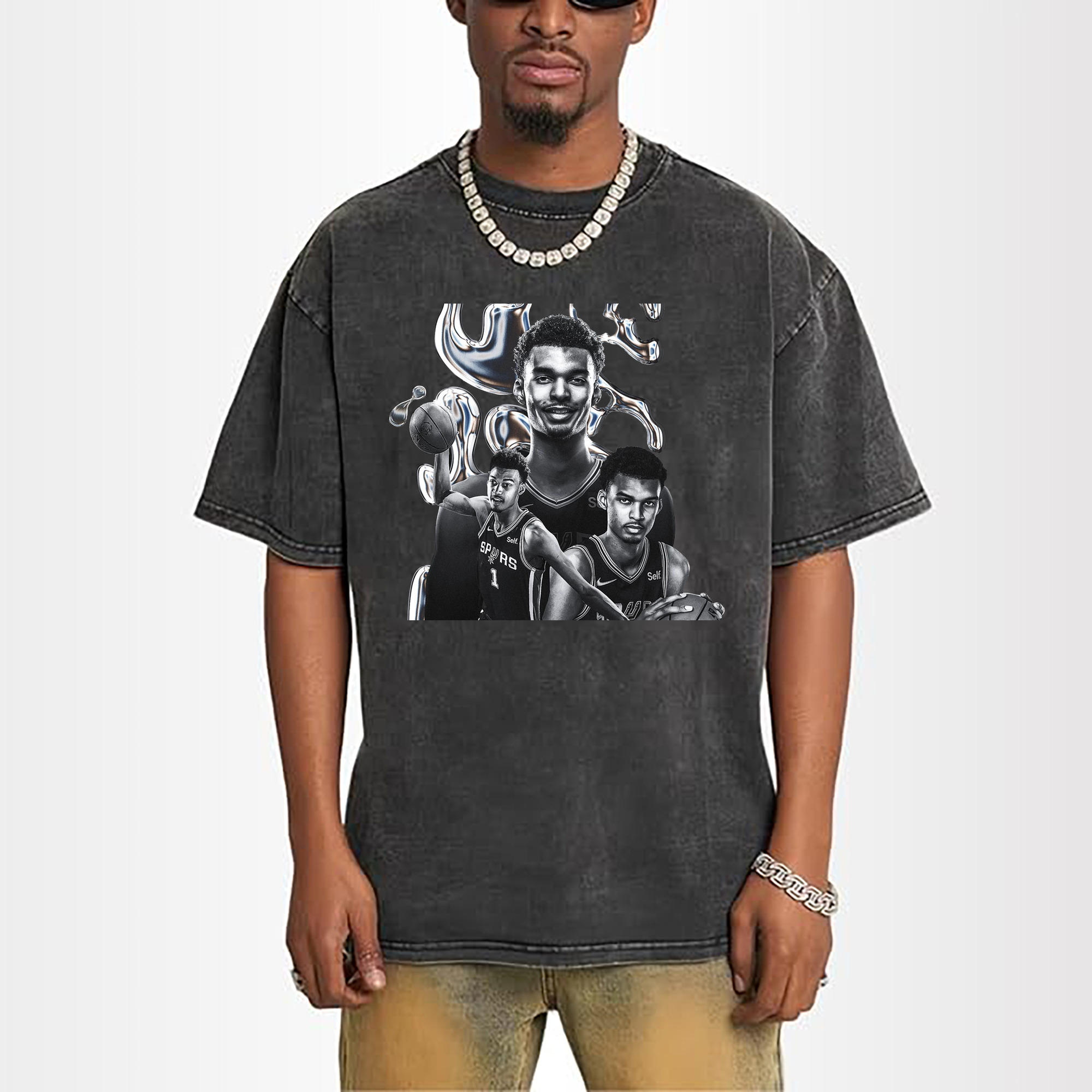 Victor Wembanyama Chrome Effect Spurs Futuristic NBA Graphic Shirt
