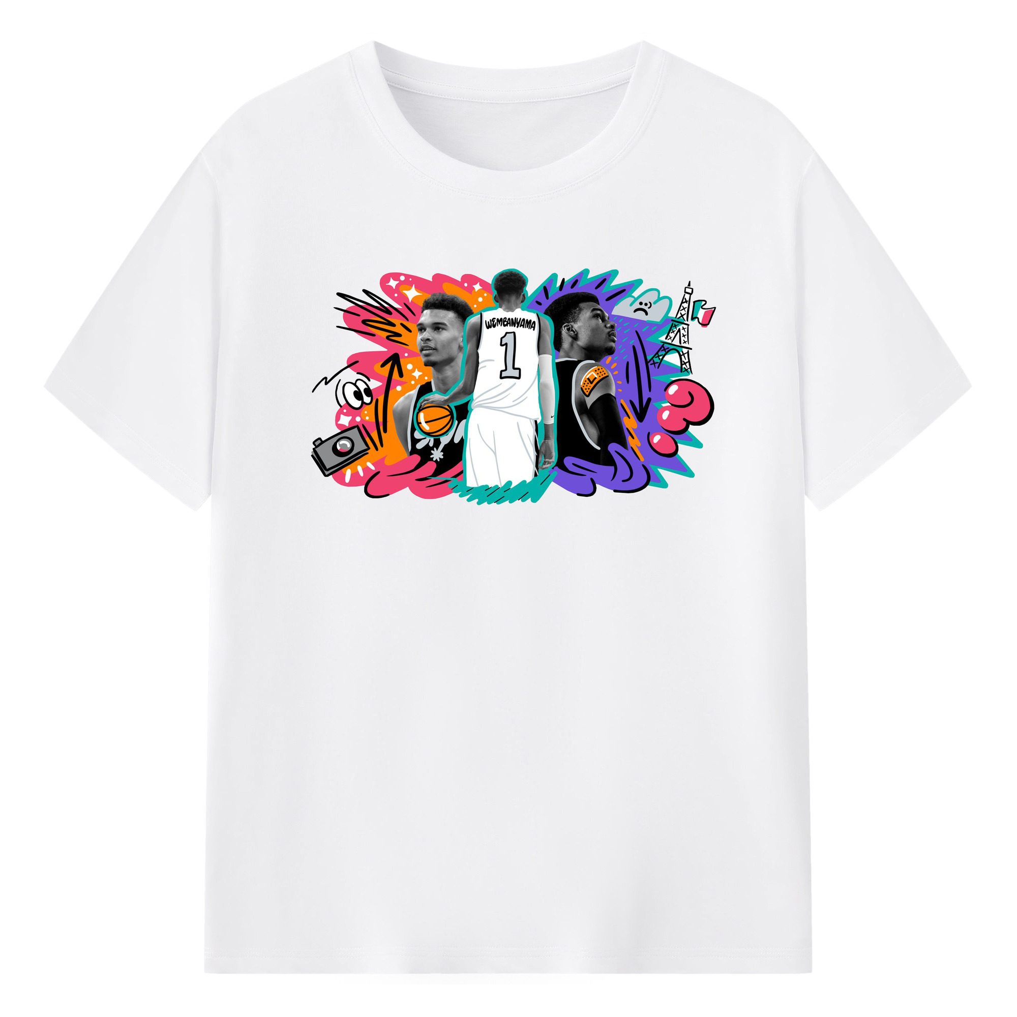 Victor Wembanyama #1 Cartoon graffiti style Shirt - 180g Cotton T-Shirt With Front Heat Transfer Print – Soft, Lightweight, Fitted Design – Comfortable Casual Wear For Sports & Everyday Use