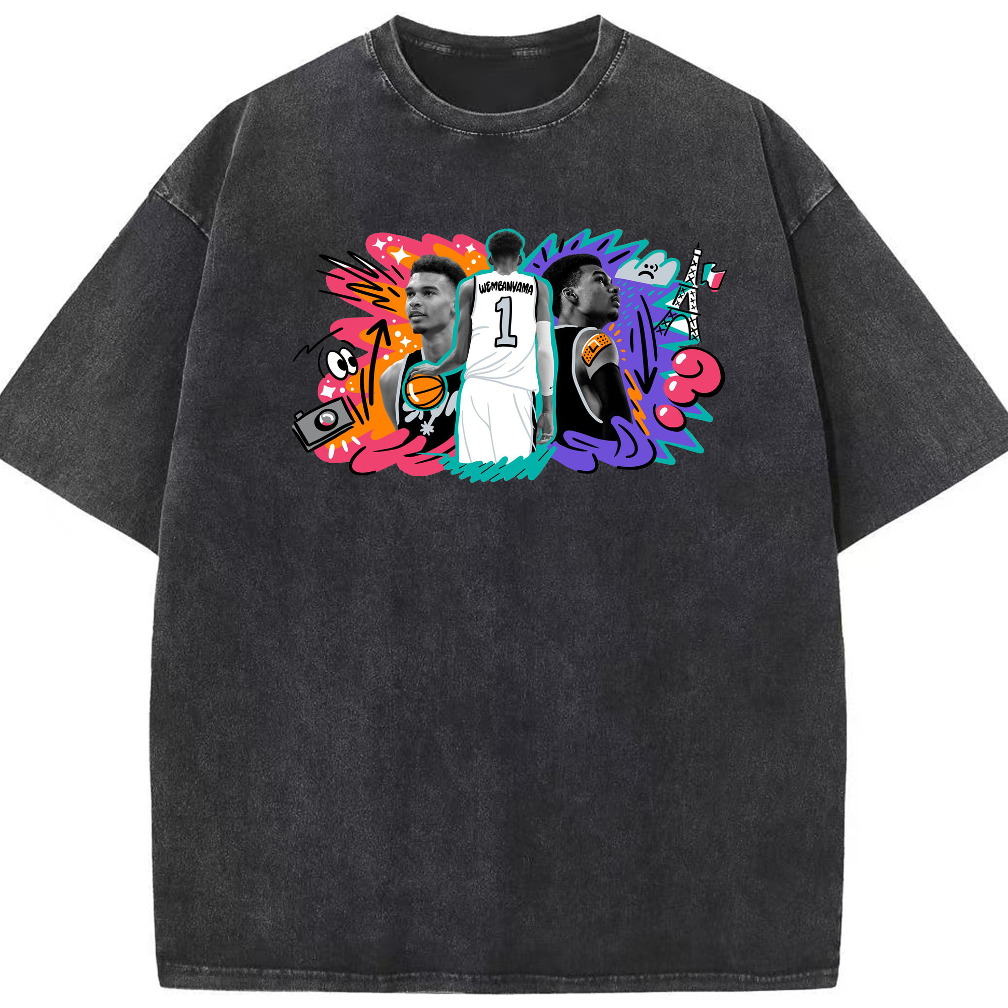 Victor Wembanyama #1 Cartoon graffiti style Shirt - Washed Vintage Look 230g Cotton Oversized T-Shirt With Front Heat Transfer Print – Soft, Lightweight, Stylish Fit – Comfortable Casual Wear For Sports & Everyday Use