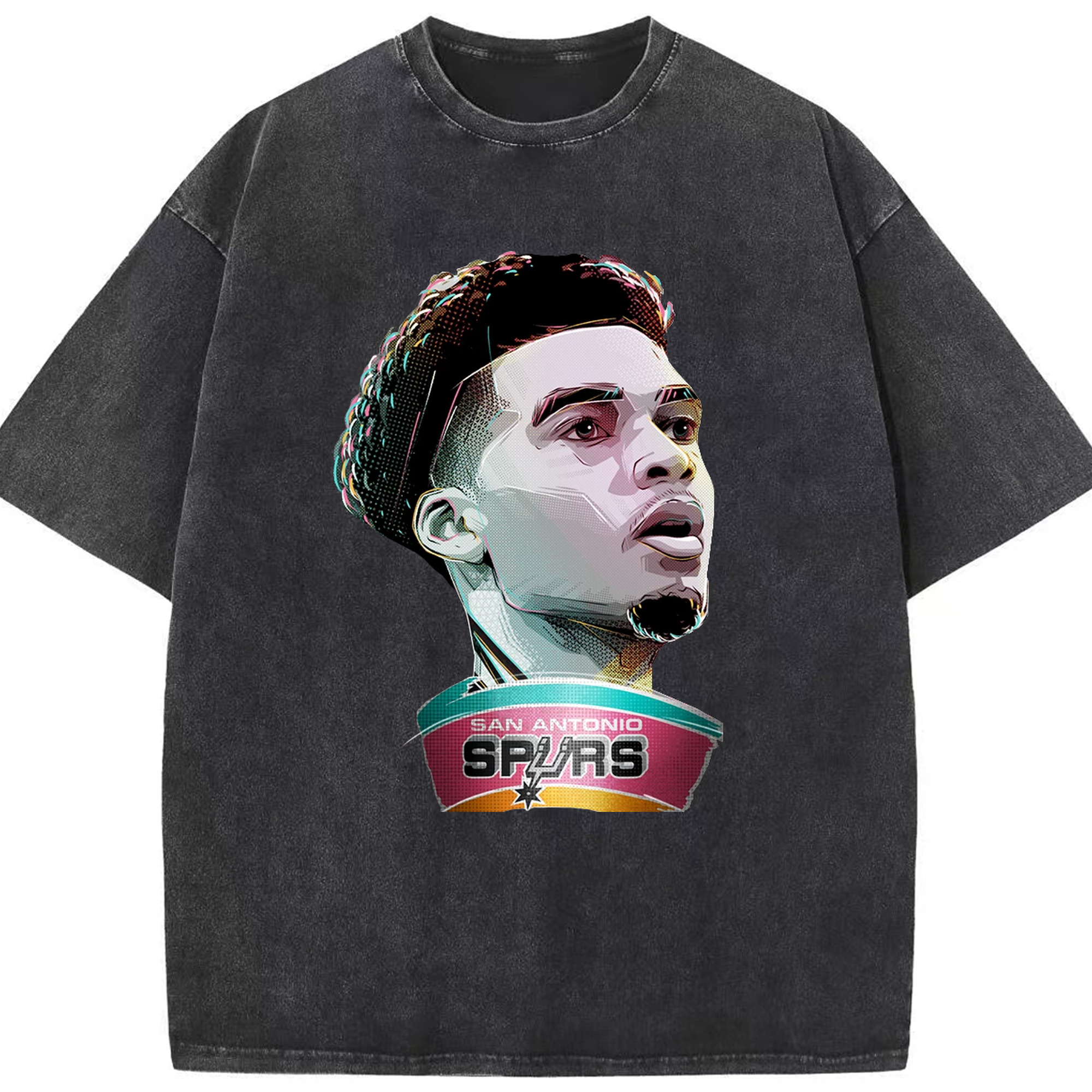 Victor Wembanyama Spurs colorful cartoon illustration style Shirt - Washed Vintage Look 230g Cotton Oversized T-Shirt With Front Heat Transfer Print – Soft, Lightweight, Stylish Fit – Comfortable Casual Wear For Sports & Everyday Use