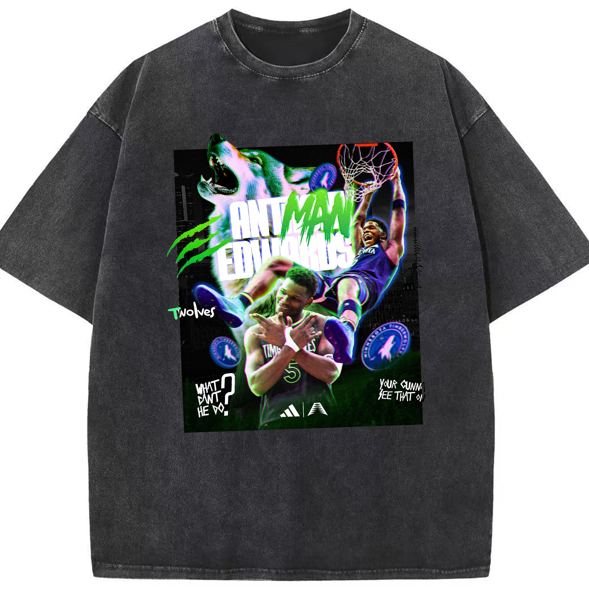 Anthony Edwards Timberwolves holographic style Shirt - Washed Vintage Look 230g Cotton Oversized T-Shirt With Front Heat Transfer Print – Soft, Lightweight, Stylish Fit – Comfortable Casual Wear For Sports & Everyday Use