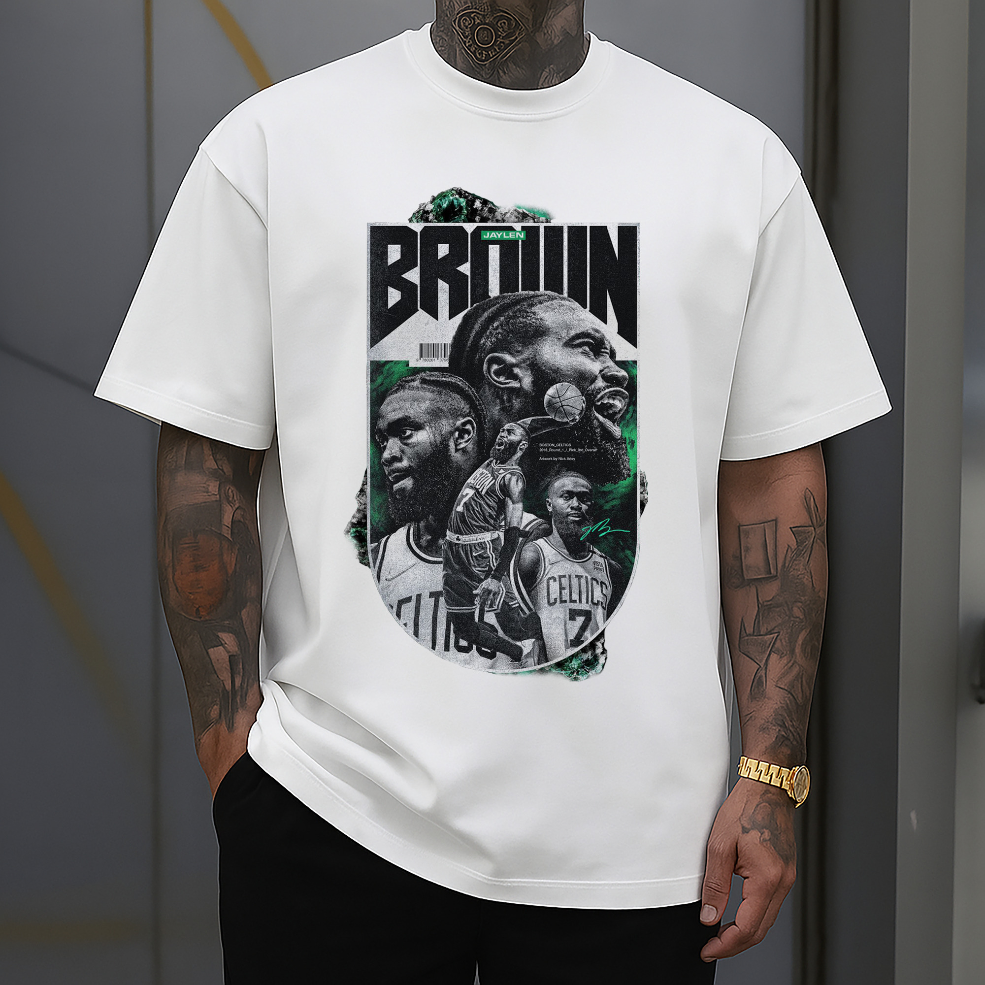 Jaylen Brown Celtics #7 Vintage Black & Green NBA Finals Graphic  Shirt