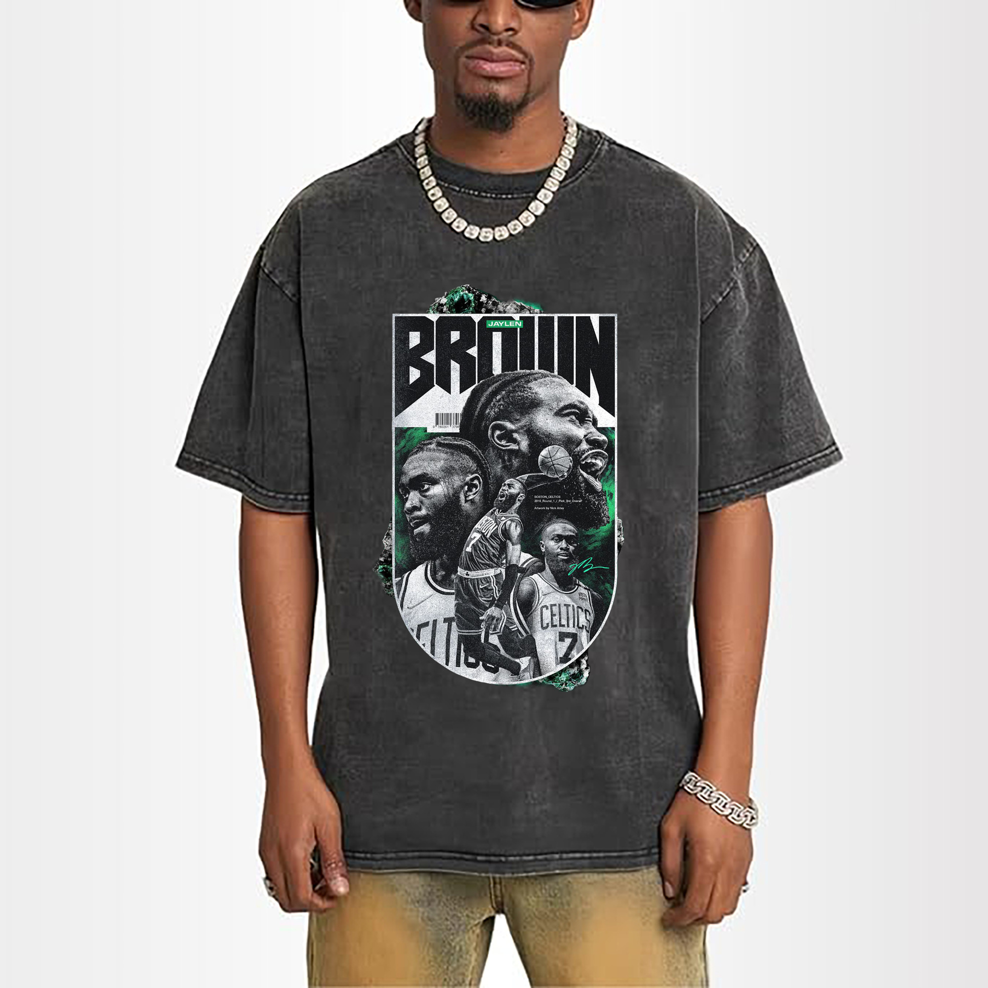 Jaylen Brown Celtics #7 Vintage Black & Green NBA Finals Graphic  Shirt